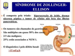  É composta pela tríade: hipersecreção de ácido, doença
ulcerosa péptica e tumor de células não beta das ilhotas
pancreáticas.
 Os tumores são chamados de gastrinomas
• São múltiplos em quase 50% dos casos;
• 2/3 são malignos;
• 25% estão associados a NEM 1.
o O diagnóstico é pelo débito basal:
>15 mEq/h
SÍNDROME DE ZOLLINGER-
ELLISON
 