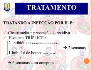TRATAMENTO
TRATANDO A INFECÇÃO POR H. P:
 Cicatrização + prevenção de recidiva
 Esquema TRÍPLICE :
2 antibióticos (amoxilina +claritomicina)
+  2 semanas
1 Inibidor de bomba (omeprazol)
+
 6 semanas com omeprazol.
 