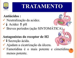 TRATAMENTO
Antiácidos :
 Neutralização da acidez.
 Acidez pH
 Breves períodos (ação SINTOMÁTICA).
Antagonistas do receptor de H2
 Secreção ácida.
 Ajudam a cicatrização da úlcera.
 Famotidina é o mais potente e cimetidina o
menos potente.
 