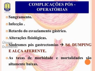 Sangramento.
Infecção .
Retardo do esvaziamento gástrico.
Alterações fisiológicas.
Síndromes pós gastrectomias  Sd. DUMPING
E ALÇAAFERENTE.
As taxas de morbidade e mortalidades são
altamente baixas.
COMPLICAÇÕES PÓS -
OPERATÓRIAS
 