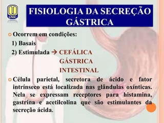  Ocorrem em condições:
1) Basais
2) Estimulada  CEFÁLICA
GÁSTRICA
INTESTINAL
 Célula parietal, secretora de ácido e fator
intrínseco está localizada nas glândulas oxínticas.
Nela se expressam receptores para histamina,
gastrina e acetilcolina que são estimulantes da
secreção ácida.
FISIOLOGIA DA SECREÇÃO
GÁSTRICA
 