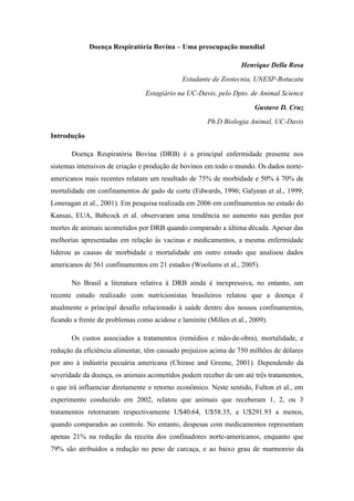 Doença Respiratória Bovina – Uma preocupação mundial<br /> Henrique Della Rosa<br />Estudante de Zootecnia, UNESP-Botucatu<br />Estagiário na UC-Davis, pelo Dpto. de Animal Science <br />Gustavo D. Cruz<br />Ph.D Biologia Animal, UC-Davis<br />Introdução<br />Doença Respiratória Bovina (DRB) é a principal enfermidade presente nos sistemas intensivos de criação e produção de bovinos em todo o mundo. Os dados norte-americanos mais recentes relatam um resultado de 75% de morbidade e 50% à 70% de mortalidade em confinamentos de gado de corte (Edwards, 1996; Galyean et al., 1999; Loneragan et al., 2001). Em pesquisa realizada em 2006 em confinamentos no estado do Kansas, EUA, Babcock et al. observaram uma tendência no aumento nas perdas por mortes de animais acometidos por DRB quando comparado a última década. Apesar das melhorias apresentadas em relação às vacinas e medicamentos, a mesma enfermidade liderou as causas de morbidade e mortalidade em outro estudo que analisou dados americanos de 561 confinamentos em 21 estados (Woolums et al., 2005).<br />No Brasil a literatura relativa à DRB ainda é inexpressiva, no entanto, um recente estudo realizado com nutricionistas brasileiros relatou que a doença é atualmente o principal desafio relacionado à saúde dentro dos nossos confinamentos, ficando a frente de problemas como acidose e laminite (Millen et al., 2009). <br />Os custos associados a tratamentos (remédios e mão-de-obra), mortalidade, e redução da eficiência alimentar, têm causado prejuízos acima de 750 milhões de dólares por ano à indústria pecuária americana (Chirase and Greene, 2001). Dependendo da severidade da doença, os animais acometidos podem receber de um até três tratamentos, o que irá influenciar diretamente o retorno econômico. Neste sentido, Fulton et al., em experimento conduzido em 2002, relatou que animais que receberam 1, 2, ou 3 tratamentos retornaram respectivamente U$40.64, U$58.35, e U$291.93 a menos, quando comparados ao controle. No entanto, despesas com medicamentos representam apenas 21% na redução da receita dos confinadores norte-americanos, enquanto que 79% são atribuídos a redução no peso de carcaça, e ao baixo grau de marmoreio da mesma (Quality Grade). Gardner et al. (1999) observaram reduções no ganho de peso médio diário, peso corporal final, e peso de carcaça quente de 4, 1.7, e 2.6%, respectivamente, em animais tratados contra DRB.<br />Embora a DRB seja, em última análise, uma doença viral/bacteriana, ela deve ser encarada como um problema multifacetado, uma vez que possui inúmeras possíveis causas (origens), e diversos impactos na produção. DRB envolve a complexa interação entre agentes infecciosos, o ambiente, e o estresse (Galyean et al., 1999). Sob um aspecto global, as práticas mercadológicas relacionadas à indústria de gado de corte estão diretamente relacionadas à promoção de estresse aos animais. Estresse devido ao desmame, a compra e venda, transporte, diferentes planos nutricionais, diferentes ambientes com novos indivíduos, histórico sanitário, entre outros. Todos estes citados são fatores que interagem com a exposição a agentes virais e bacterianos. Concomitantemente, sabe-se que o estresse afeta negativamente o sistema imune, e em muitos casos isso ocorre em momentos que o gado está mais susceptível a agentes infecciosos, como na chegada ao confinamento, quando há mistura de animais de diferentes locais com distintos históricos sanitários. O consumo alimentar de animais estressados é menor (Galyean et al., 1995; Cole, 1996), e menor ingestão de nutrientes tende a aumentar o efeito negativo do estresse sobre a função imunológica.<br />  <br />Agentes causadores e sintomas relacionados à DRB<br />Como relatado anteriormente, DRB é uma enfermidade extremamente complexa, a qual envolve inúmeros fatores que podem se inter-relacionar em diferentes níveis de intensidade. Portanto, o presente artigo não objetiva apresentar uma profunda descrição a respeito dos agentes causadores, mas sim apontar aqueles constantemente associados à ocorrência da doença.<br />A doença é comumente iniciada por uma infecção viral primária e muitas vezes seguida por infecção pulmonar com organismos comensais do trato respiratório superior, resultando em pneumonia  ADDIN EN.CITE <EndNote><Cite><Author>Ackermann</Author><Year>2010</Year><RecNum>1824</RecNum><DisplayText>(Ackermann et al., 2010)</DisplayText><record><rec-number>1824</rec-number><foreign-keys><key app=quot;
ENquot;
 db-id=quot;
925we9t5b0re2nea5fxp2tvlfe20d59tddedquot;
>1824</key></foreign-keys><ref-type name=quot;
Journal Articlequot;
>17</ref-type><contributors><authors><author>Ackermann, M. R.</author><author>Derscheid, R.</author><author>Roth, J. A.</author></authors></contributors><titles><title>Innate Immunology of Bovine Respiratory Disease</title><secondary-title>Veterinary Clinics of North America-Food Animal Practice</secondary-title></titles><periodical><full-title>Veterinary Clinics of North America-Food Animal Practice</full-title></periodical><pages>215-+</pages><volume>26</volume><number>2</number><dates><year>2010</year><pub-dates><date>Jul</date></pub-dates></dates><isbn>0749-0720</isbn><accession-num>ISI:000280482000003</accession-num><urls><related-urls><url>&lt;Go to ISI&gt;://000280482000003</url></related-urls></urls><electronic-resource-num>10.1016/j.cvfa.2010.03.001</electronic-resource-num></record></Cite></EndNote>(Ackermann et al., 2010).<br />Dentre as espécies de bactérias comumente citadas, Pasteurella (Mannheimia) haemolytica, Pasteurella multocida, e Histophilus somni (antigamente Haemophilus sommus), são as mais preocupantes, sendo a Mannheimia haemolytica sorotipo 1 o organismo mais freqüentemente associado a DRB (Pandher et al., 1998). Os agentes virais associados a doenças do trato respiratório em confinamentos incluem rinotraqueíte infecciosa bovina (RIB), parainfluenza-3 (PI3), vírus da diarréia viral bovina (VDVB), vírus respiratório sincicial bovino (VRSB), e corona vírus entérico de bovinos (Plummer et al., 2004).<br />Os sintomas podem variar desde leves sinais clínicos até a morte  ADDIN EN.CITE <EndNote><Cite><Author>Griffin</Author><Year>2010</Year><RecNum>1825</RecNum><DisplayText>(Griffin et al., 2010)</DisplayText><record><rec-number>1825</rec-number><foreign-keys><key app=quot;
ENquot;
 db-id=quot;
925we9t5b0re2nea5fxp2tvlfe20d59tddedquot;
>1825</key></foreign-keys><ref-type name=quot;
Journal Articlequot;
>17</ref-type><contributors><authors><author>Griffin, D.</author><author>Chengappa, M. M.</author><author>Kuszak, J.</author><author>McVey, D. S.</author></authors></contributors><titles><title>Bacterial Pathogens of the Bovine Respiratory Disease Complex</title><secondary-title>Veterinary Clinics of North America-Food Animal Practice</secondary-title></titles><periodical><full-title>Veterinary Clinics of North America-Food Animal Practice</full-title></periodical><pages>381-+</pages><volume>26</volume><number>2</number><dates><year>2010</year><pub-dates><date>Jul</date></pub-dates></dates><isbn>0749-0720</isbn><accession-num>ISI:000280482000014</accession-num><urls><related-urls><url>&lt;Go to ISI&gt;://000280482000014</url></related-urls></urls><electronic-resource-num>10.1016/j.cvfa.2010.04.004</electronic-resource-num></record></Cite></EndNote>(Griffin et al., 2010). Entretanto, DRB é freqüentemente identificada por meio de depressão, perda de apetite, corrimento nasal e ocular, letargia, dificuldades respiratórias, febre, ou qualquer combinação destes. Animais com temperatura retal igual ou acima de 39.7°C geralmente são considerados mórbidos e devem receber algum tipo de tratamento.<br />Fatores que afetam a incidência de DRB<br />Muitos são os fatores que podem afetar a incidência de DRB. Discutiremos aqueles considerados mais relevantes e de certa forma, mais aplicados ao sistema de produção brasileiro.<br />Pré-condicionamento<br />O pré-condicionamento é uma técnica interessante quando se pretende abater bovinos entre 12 e 14 meses (sistema super-precoce), pois garante que os animais sejam desmamados 30 à 45 dias antes do transporte e subseqüente entrada no confinamento, com programas profiláticos que incluem vacinações (clostridium e vacinas virais), tratamentos com anti-helmínticos, castração (dependendo do sistema de produção), descorna, e exposição a cochos (incluindo alimentos) e bebedouros semelhantes aos utilizados nas baias de confinamentos. Este procedimento tende a melhorar a saúde e o desempenho dos animais durante o confinamento, especialmente no período inicial (0 a 21 dias).<br />Dhuyvetter et al. (2005) sugeriu que bezerros desmamados 45 dias antes da entrada no confinamento retornaram U$14.00 a mais às fazendas de cria, comparado a venda de animais não pré-condicionados. Roeber et al. (2001) encontrou taxas de morbidade de 34.7, 36.7, e 77.3% e mortalidade de 1.1, 1.1, e 11.4% para bezerros que foram submetidos a dois diferentes programas de pré-condicionamento, comparados àqueles que não passaram por este procedimento. <br />Nos EUA o pré-condicionamento é visto por muitos produtores como uma alternativa extremamente benéfica para diminuir a morbidade e mortalidade em bezerros recém desmamados. No entanto, em uma pesquisa realizada pela USDA-APHIS, apenas 32.4% dos confinamentos entrevistados recebem informações a respeito dos animais recebidos.<br />No Brasil o sistema de produção de bovinos super-precoce ainda é pouco empregado, correspondendo a cerca de 1% do gado abatido em um ano. No entanto, é crescente o incentivo a este sistema através de pagamento diferenciado por animais com qualidade superior de carcaça, visando atender a demanda por este tipo de carne. Em algumas fazendas brasileiras é possível encontrar animais cruzados sendo enviados ao abate com idade entre 12 e 14 meses, pesando em torno de 17 arrobas, com excelente cobertura de gordura e considerável qualidade de carne. A técnica de pré-condicionamento, se aplicada a estes sistemas, deve promover importantes benefícios relacionados à saúde do gado, com redução de prejuízos vinculados a DRB, e conseqüente incremento do desempenho desses animais no confinamento.<br />Vacinação e Tratamento<br />Nos EUA os principais programas de pré-condicionamento têm como parte integrante vacinações contra RIB, PI3, VDVB, VRSB, Clostridium, e Pasteurella (Mannheimia). O procedimento sugerido nestes programas é uma primeira vacinação ocorrendo entre duas à quatro semanas antes do desmame, para permitir ao sistema imune o desenvolvimento de uma resposta antes que os bezerros experimentem o estresse da separação das mães, com uma vacinação de reforço no desmame, promovendo um seguro adicional aos animais. <br />Para tratar os bovinos acometidos com DRB a grande maioria dos confinadores norte-americanos utiliza antibióticos, sendo que 40.5% dos animais doentes são tratados com antiinflamatórios não esteróides (ANE) em adição aos antibióticos  ADDIN EN.CITE <EndNote><Cite><Author>USDA</Author><Year>2000</Year><RecNum>1827</RecNum><DisplayText>(USDA, 2000b)</DisplayText><record><rec-number>1827</rec-number><foreign-keys><key app=quot;
ENquot;
 db-id=quot;
925we9t5b0re2nea5fxp2tvlfe20d59tddedquot;
>1827</key></foreign-keys><ref-type name=quot;
Electronic Articlequot;
>43</ref-type><contributors><authors><author>USDA</author></authors></contributors><titles><title>Part III: Health management and biosecurity in U.S. feedlots, 1999</title></titles><dates><year>2000</year></dates><pub-location>Fort Collins, CO</pub-location><publisher>USDA: APHIS, CEAH, National Animal Health Monitoring System #N336.1200</publisher><urls></urls></record></Cite></EndNote>(USDA, 2000b). Neste sentido, uma pesquisa tem sido conduzida na Universidade da Califórnia, campus de Davis, para testar o efeito do Meloxicam em adição a antibióticos no tratamento de DRB.  Meloxicam é um ANE, com propriedades antiinflamatórias, anti-exsudativa, anti-séptico, anti-pirético e analgésico. Vários estudos já indicaram que meloxicam em combinação com antibióticos pode ser um componente útil no tratamento de DRB, gerando uma normalização significativamente mais rápida do estado clínico e ainda uma diminuição das lesões pulmonares em comparação aos antibióticos sozinho (Bednarek et al. 2003, Friton et al., 2005)<br />No Brasil a literatura relacionada é bastante superficial, no entanto os dados de campo relatam a aplicação de uma vacina aos animais na entrada do confinamento. O tratamento é realizado por meio de antibióticos com possível fornecimento adicional de vitaminas.<br />Estratégias nutricionais<br />Carboidrato (energia), proteína, minerais, e vitaminas são nutrientes necessários para qualquer reação fisiológica animal, principalmente respostas imunológicas pertinentes ao sistema inato e adquirido (Carroll and Forsberg, 2007).<br />O status nutricional do gado antes da exposição à DRB tende a ter uma relação com o resultado deste desafio, entretanto, pouco se sabe a respeito da influência do plano nutricional na saúde e imunidade dos bovinos de corte durante esta exposição (Duff and Galyean 2007). A variação no status nutricional pode explicar a ampla variação nas respostas encontradas à suplementação alimentar, especialmente referente a proteínas, minerais e vitaminas. <br />Diversos estudos têm sido conduzidos para avaliar os efeitos dos ácidos graxos essenciais na resposta imune de bovinos de leite e corte, mais especificamente respostas inflamatórias e da fase aguda. Os ácidos graxos considerados essenciais para dietas de bovinos são os ácidos linoléico (ou ômega-6) e o ácido linolênico (ou ômega-3). Ambos estão presentes em diversos ingredientes utilizados na nutrição de bovinos. Contudo, quando esses ingredientes chegam ao rúmen, uma grande parte destes ácidos graxos essenciais passa por um processo denominado bio-hidrogenação, no qual são transformados em outros tipos de ácidos graxos não-essencias, como por exemplo, o ácido esteárico, e portanto não chegam em quantidades significativas ao intestino para absorção (Doreau and Ferlay, 1994). Uma opção para evitar bio-hidrogenação ruminal e maximizar a absorção intestinal é a inclusão de ingredientes ricos em ácidos graxos essenciais a moléculas de sabões de cálcio (Wu et al., 1991), comumente conhecido como gordura protegida.<br />Em um série de três experimentos, Cooke et al., (2010a) demonstraram que bezerros que foram desmamados e receberam gordura protegida por 30 dias antes de entrarem no confinamento, somente como forma de pré-condicionamento para a fase seguinte, tiveram maior ganho de peso comparado ao grupo controle durante a fase inicial do confinamento (144 dias), quando os desafios imunológicos são mais freqüentes. Segundo o autor esse ganho em desempenho foi atribuído, pelo menos em parte, aos benefícios imunológicos do CaAGE (Megalac-R® ; Church and Dwight, Princeton, NJ)  durante o período de transporte e entrada no confinamento. Bezerros recebendo CaAGE tiveram, após o transporte, menores concentrações plasmáticas de TNF-α, umas das principais citocínas pró-inflamatória que prejudicam a performance animal quando sintetizadas em excesso durante condições de estresse.<br />Durante a fase terminal destes bezerros (últimos 100 dias no confinamento), o ganho de peso foi similar entre os tratamentos, uma vez que todos os novilhos já se encontravam bem adaptados ao sistema de produção (2.10 vs. 2.09 kg/d para controle e CaAGE, respectivamente; P = 0.86). Contudo, quando os animais foram abatidos, os bezerros que receberam CaAGE durante o pré-condicionamento tiveram melhor marmorização, e conseqüentemente, maior proporção de carcaças classificadas como Choice pelo sistema do USDA. A equipe de Cooke atribuiu esse efeito ao maior ganho de peso dos bezerros suplementados com CaAGE durante o início do confinamento, uma vez que ganho de peso pós-desmama é positivamente associado com deposição de gordura e terminação de carcaça em bovinos de corte (Owens et al., 1993; Drager et al., 2004; McCurdy et al., 2010).<br />Apesar de toda a informação científica disponível hoje em dia em relação aos efeitos dos ácidos graxos essenciais na produtividade, reprodução, e saúde animal, as quantidades mínimas que bovinos precisam consumir de ácidos linoléico e linolênico para estimular respostas pró ou antiinflamatórias ainda não foram determinadas (Cooke, R. F., 2011). Mesmo assim, o fornecimento de gordura protegida durante o pré-condicionamento de bovinos parece ser uma estratégia nutricional eficiente para beneficiar a saúde e ainda promover incrementos em produtividade.<br />Conclusão<br />Os dados disponíveis à DRB ainda estão longe de responderem todas as questões levantadas até o momento. Em todo o mundo, a habilidade para diagnosticar a doença ainda é ineficiente. Após décadas de pesquisas, nossa capacidade em modificar a incidência de DRB por meio de manipulações nutricionais também é limitada. <br />Nos EUA o pré-condicionamento de animais antes da entrada no confinamento tem se mostrado uma ferramenta eficiente para reduzir a incidência de DRB.  Atualmente um dos grandes desafios da indústria pecuária norte-americana tem sido ampliar a implementação destes programas de preparação de bovinos para o confinamento. Por isso é crescente o incentivo (por meio de premiações financeiras) a produtores de bezerros que aderirem programas de pré-condicionamento.  Os benefícios retornados por este procedimento alcançam toda a cadeia pecuária, uma vez que a melhora da saúde promove incrementos no peso ao desmame, desempenho no confinamento, maior escore de marmorização, e superior rendimento de carcaça.<br />No Brasil, embora apenas cerca de 8% do gado abatido em um ano seja proveniente de confinamento, e somente uma pequena parcela desses animais sejam produzidos em sistema super-precoce, a DRB já é uma preocupação dos nossos produtores, uma vez que também acomete (em menores proporções) animais adultos. Com o crescente incentivo à aplicação de tecnologia, o confinamento tende a manter-se como parte integrante de nosso sistema de produção, devendo aumentar o número de animais, especialmente jovens, confinados nos próximos anos. A crescente demanda por carne de maior qualidade, bem como a busca por maior produtividade devem sustentar este crescimento.<br />Contudo, a DRB deve ser conhecida, e mais do que isto, deve ser pesquisada em nosso país. Já que devemos vivenciar, com maior freqüência, cenários semelhantes aos relatados neste artigo à medida que ampliarmos a intensificação da nossa indústria pecuária.<br />Referências bibliográficas<br />Ackermann, M. R., R. Derscheid, and J. A. Roth. 2010. Innate immunology of bovine respiratory disease. Vet Clin N Am-Food A 26:215-228. <br />Babcock, A., R. Jones, and M. Langemeier. 2006. Examining death loss in Kansas feedlots. Pages 46–52 in Beef Cattle Research – 2006, Report of Prog. 959, Kansas State Univ., Manhattan. http://www.oznet.ksu.edu/library/lvstk2/srp959.pdf Accessed June 27, 2006.<br />Bednarek, D., B. Zdzisińska, M. Kondracki, W. Rzeski, R. Paduch, and M. Kandefer-Szerszeń. 2003. A comparative study of the effects of meloxicam and flunixin meglumine (NSAIDs) as adjunctive therapy on interferon and tumor necrosis factor production in calves suffering from enzootic bronchopneumonia. Pol J Vet Sci 6:109-115.<br />Carroll, J. A., and N. E. Forsberg. 2007. Influence of stress and nutrition on cattle immunity. Vet. Clin. Food. Anim. 23:105-149.<br />Chirase, N.K. and L.W. Greene. “Dietary Zinc and Manganese Sources Administered from the Fetal Stage Onwards Affect Immune Response of Transit Stressed and Virus Infected Offspring Steer Calves.” Animal Feed Science and Technology 93(2001):217-228.<br />Cole, N. A. 1996. Review of bovine respiratory disease: Nutrition and disease interactions. Pages 57–74 in Review of Bovine Respiratory Disease—Schering-Plough Animal Health. R. Smith, ed. Veterinary Learning Systems, Trenton, NJ.<br />Cooke, R. F., D. W. Bohnert, P. Moriel, B. W. Hess, and R. R. Mills. 2010a. Effects of polyunsaturated fatty acid supplementation on forage digestibility, performance, and physiological responses of feeder cattle. J. Anim. Sci. (Accepted, in press) E-2010-3515.<br />Cooke, R. F. Estratégias Nutricionais para Promover Saúde e Performance de Bezerros Pós-Desmama. In: III SIMPÓSIO INTERNACIONAL DE NUTRIÇÃO DE RUMINANTES, Botucatu, 2011. Anais... Botucatu: Departamento de Melhoramento e Nutrição Animal, 2011. p.13-24<br />Dhuyvetter, K. C., A. M. Bryant, and D. A. Blasi. 2005. Case study: Preconditioning beef calves: Are expected premiums sufficient to justify the practice? Prof. Anim. Sci. 21:502–514.<br />Doreau, M. and A. Ferlay. 1994. Digestion and utilization of fatty acids by ruminants. Anim. Feed Sci. Tech. 45:379-396.<br />Drager, C. D., M. S. Brown, M. B. Jeter, and P. F. Dew. 2004. Effects of feed intake restriction on performance and carcass characteristics of finishing beef steers. Prof. Anim. Sci. 20:255–261.<br />Duff, G. C, and M. L. Galyean. 2007. Boardinvited review: Recent advances in management of highly stressed, newly received feedlot cattle. J. Anim. Sci. 85:823.Edwards, A.J. “Respiratory Diseases of Feedlot Cattle in the Central USA.” Bovine Practitioner 30(1996):5-7.<br />Friton, G. M., C. Cajal, and R. Ramirez-Romero. 2005. Long-term effects of meloxicam in the treatment of respiratory disease in fattening cattle. Vet Rec 156:809-811.<br />Fulton, R. W., B. J. Cook, D. L. Step, A. W. Confer, J. T. Saliki, M. E. Payton, L. J. Burge, R. D. Welsh, and K. S. Blood. 2002. Evaluation of health status of calves and the impact on feedlot performance: Assessment of a retained ownership program for postweaning calves. Can. J. Vet. Res. 66:173–180.<br />Galyean, M. L., and M. E. Hubbert. 1995. Effects of season, health, and management on feed intake by beef cattle. Pages 226– 234 in Symposium: Intake by Feedlot Cattle. F. N. Owens, ed. Oklahoma Agric. Exp. Stn., P-942.<br />Galyean, M.L.; L.J. Perino, and G.C. Duff. “Interaction of Cattle Health/Immunity and Nutrition.” Journal of Animal Science 77(1999):1120-1134.<br />Gardner, B.A.; H.G. Dolezal, L.K. Bryant, F.N. Owens, and R.A. Smith. “Health of Finishing Steers: Effects on Per formance, Carcass Traits, and Meat Tenderness.” Journal of Animal Science 77(1999):3168-3175<br />Griffin, D., M. M. Chengappa, J. Kuszak, and D. S. McVey. 2010. Bacterial pathogens of the bovine respiratory disease complex. Vet Clin N Am-Food A 26:381-394.<br />Loneragan, G.H.; D.A. Dargatz, P.S. Morley, and M.A. Smith. “Trends in Mortality Ratios Among Cattle in US Feedlots.” Journal of the American Veterinary Medical Association 219(2001):1122-1127.<br />McCurdy, M. P., G. W. Horn, J. J. Wagner, P. A. Lancaster, and C. R. Krehbiel. 2010. Effects of winter growing programs on subsequent feedlot performance, carcass characteristics, body composition, and energy requirements of beef steers. J. Anim. Sci. 88:1564-1576.<br />Millen, D. D., R. D. L. Pacheco, M. D. B. Arrigoni, M. L. Galyean and J. T. Vasconcelos. 2009. A snapshot of management practices and nutritional recommendations used by feedlot nutritionists in Brazil. J. Anim. Sci. 87:3427–3439<br />Owens, F. N., P. Dubeski, and C. F. Hanson. 1993. Factors that alter the growth and development of ruminants. J. Anim. Sci. 71:3138-3150.<br />Pandher, K., A. W. Confer, and G. L. Murphy. 1998. Genetic and immunologic analyses of PlpE, a lipoprotein important in complement- mediated killing of Pasteurella haemolytica serotype 1. Infect. Immun. 66:5613–5619.<br />Plummer, P. J., B. W. Rohrbach, R. A. Daugherty, R. A. Daugherty, K. V. Thomas, R. P. Wilkes, F. E. Duggan, and M. A. Kennedy. 2004. Effect of intranasal vaccination against bovine enteric cornonavirus on the occurrence of respiratory tract disease in a commercial backgrounding feedlot. J. Am. Vet. Med. Assoc. 225:726–731.<br />Roeber, D. L., N. C. Speer, J. G. Gentry, J. D. Tatum, C. D. Smith, J. C. Whittier, G. F. Jones, K. E. Belk, and G. C. Smith. 2001. Feeder cattle health management: Effects on morbidity rates, feedlot performance, carcass characteristics, and beef palatability. Prof. Anim. Sci. 17:39–44.<br />USDA. 2000b. Part III: Health management and biosecurity in U.S. feedlots, 1999.USDA: APHIS: VS, CEAH, National Animal Health Monitoring System #N335.1000.<br />Woolums, A. R., G. H. Loneragan, L. L. Hawkins, and S. M. Williams. 2005. Baseline management practices and animal health data reported by US feedlots responding to a survey regarding acute interstitial pneumonia. Bovine Pract. 39:116–124.<br />Wu, Z., and D. L. Palmquist. 1991. Synthesis and biohydrogenation of fatty acids by ruminal microorganisms in vitro. J. Dairy Sci. 74:3035-3046.<br />