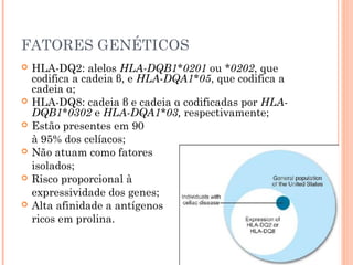 FATORES GENÉTICOS
 HLA-DQ2: alelos HLA-DQB1*0201 ou *0202, que
codifica a cadeia β, e HLA-DQA1*05, que codifica a
cadeia α;
 HLA-DQ8: cadeia β e cadeia α codificadas por HLA-
DQB1*0302 e HLA-DQA1*03, respectivamente;
 Estão presentes em 90
à 95% dos celíacos;
 Não atuam como fatores
isolados;
 Risco proporcional à
expressividade dos genes;
 Alta afinidade a antígenos
ricos em prolina.
 