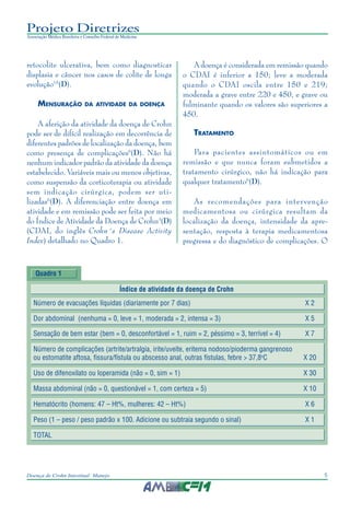 5Doença de Crohn Intestinal: Manejo
Projeto Diretrizes
Associação Médica Brasileira e Conselho Federal de Medicina
Índice de atividade da doença de Crohn
Número de evacuações líquidas (diariamente por 7 dias) X 2
Dor abdominal (nenhuma = 0, leve = 1, moderada = 2, intensa = 3) X 5
Sensação de bem estar (bem = 0, desconfortável = 1, ruim = 2, péssimo = 3, terrível = 4) X 7
Número de complicações (artrite/artralgia, irite/uveíte, eritema nodoso/pioderma gangrenoso
ou estomatite aftosa, fissura/fístula ou abscesso anal, outras fístulas, febre > 37,8o
C X 20
Uso de difenoxilato ou loperamida (não = 0, sim = 1) X 30
Massa abdominal (não = 0, questionável = 1, com certeza = 5) X 10
Hematócrito (homens: 47 – Ht%, mulheres: 42 – Ht%) X 6
Peso (1 – peso / peso padrão x 100. Adicione ou subtraia segundo o sinal) X 1
TOTAL
retocolite ulcerativa, bem como diagnosticar
displasia e câncer nos casos de colite de longa
evolução15
(D).
MENSURAÇÃO DA ATIVIDADE DA DOENÇA
A aferição da atividade da doença de Crohn
pode ser de difícil realização em decorrência de
diferentes padrões de localização da doença, bem
como presença de complicações6
(D). Não há
nenhum indicador padrão da atividade da doença
estabelecido. Variáveis mais ou menos objetivas,
como suspensão da corticoterapia ou atividade
sem indicação cirúrgica, podem ser uti-
lizadas6
(D). A diferenciação entre doença em
atividade e em remissão pode ser feita por meio
do Índice de Atividade da Doença de Crohn3
(D)
(CDAI, do inglês Crohn´s Disease Activity
Index) detalhado no Quadro 1.
A doença é considerada em remissão quando
o CDAI é inferior a 150; leve a moderada
quando o CDAI oscila entre 150 e 219;
moderada a grave entre 220 e 450, e grave ou
fulminante quando os valores são superiores a
450.
TRATAMENTO
Para pacientes assintomáticos ou em
remissão e que nunca foram submetidos a
tratamento cirúrgico, não há indicação para
qualquer tratamento6
(D).
As recomendações para intervenção
medicamentosa ou cirúrgica resultam da
localização da doença, intensidade da apre-
sentação, resposta à terapia medicamentosa
pregressa e do diagnóstico de complicações. O
Quadro 1
 