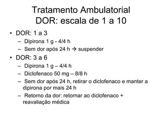 Tratamento Ambulatorial
        DOR: escala de 1 a 10
• DOR: 1 a 3
  – Dipirona 1 g - 4/4 h
  – Sem dor após 24 h  suspender
• DOR: 3 a 6
  – Dipirona 1 g – 4/4 h
  – Diclofenaco 50 mg – 8/8 h
  – Sem dor após 24 h, retirar o diclofenaco e manter a
    dipirona por mais 24 h
  – Retorno da dor: retornar ao diclofenaco +
    reavaliação médica
 