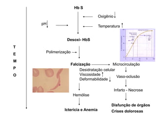 Hb S

                                    Oxigênio
    pH
                                    Temperatura


                Desoxi- HbS
T
     Polimerização
E
M
                     Falcização              Microcirculação
P                         Desidratação celular
O                         Viscosidade
                                               Vaso-oclusão
                          Deformabilidade

                                               Infarto - Necrose
                      Hemólise

                                            Disfunção de órgãos
              Icterícia e Anemia            Crises dolorosas
 