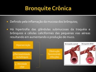  Definido pela inflamação da mucosa dos brônquios;
 Há hipertrofia das glândulas submucosas da traquéia e
brônquios e células caliciformes das pequenas vias aéreas
resultando em aumentando o produção de muco.
Hipersecreção
Atividade
ciliar
Permeabilidade
no brônquio
Obstrução
favorecendo
infecções
 