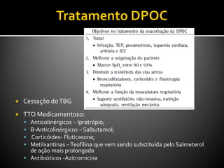  Cessação doTBG
 TTO Medicamentoso:
 Anticolinérgicos – Ipratrópio;
 B-Anticolinérgicos – Salbutamol;
 Corticóides- Fluticasona;
 Metilxantinas –Teofilina que vem sendo substituída pelo Salmeterol
de ação mais prolongada
 Antibióticos -Azitromicina
 
