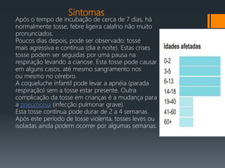 Sintomas
Após o tempo de incubação de cerca de 7 dias, há
normalmente tosse, febre ligeira calafrio não muito
pronunciados.
Poucos dias depois, pode ser observado: tosse
mais agressiva e contínua (dia e noite). Estas crises
tosse podem ser seguidas por uma pausa na
respiração levando a cianose. Esta tosse pode causar
em alguns casos, até mesmo sangramento nos
ou mesmo no cérebro.
A coqueluche infantil pode levar a apnéia (parada
respiração) sem a tosse estar presente. Outra
complicação da tosse em crianças é a mudança para
a pneumonia (infecção pulmonar grave).
Esta tosse contínua pode durar de 2 a 4 semanas.
Após este período de tosse violenta, tosses leves ou
isoladas ainda podem ocorrer por algumas semanas.
 