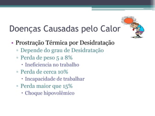 Doenças Causadas pelo Calor
• Prostração Térmica por Desidratação
 ▫ Depende do grau de Desidratação
 ▫ Perda de peso 5 a 8%
    Ineficiencia no trabalho
 ▫ Perda de cerca 10%
    Incapacidade de trabalhar
 ▫ Perda maior que 15%
    Choque hipovolêmico
 