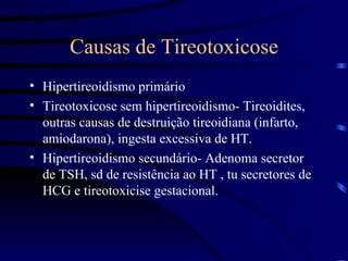 Causas de Tireotoxicose Hipertireoidismo primário Tireotoxicose sem hipertireoidismo- Tireoidites, outras causas de destruição tireoidiana (infarto, amiodarona), ingesta excessiva de HT. Hipertireoidismo secundário- Adenoma secretor de TSH, sd de resistência ao HT , tu secretores de HCG e tireotoxicise gestacional. 