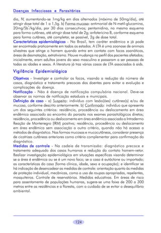 Parasitárias
Doenças Infecciosas e Parasitárias
dia, IV, aumentando-se 1mg/kg em dias alternados (máximo de 50mg/dia), até
atingir dose total de 1 a 1,5g. b) Forma mucosa: antimonial de N-metil-glucamina,
v
20mg/Sb /kg/dia, por 30 dias consecutivos; pentamidina, no mesmo esquema
para forma cutânea, até atingir dose total de 2g; anfotericina B, conforme esquema
para forma cutânea, até completar, se possível, 2g de dose total.
Características epidemiológicas - No Brasil, tem caráter endêmico e já pode
ser encontrada praticamente em todos os estados. A LTA é uma zoonose de animais
silvestres que atinge o homem quando entra em contato com focos zoonóticos,
áreas de desmatação, extrativismo. Houve mudança no perfil dos pacientes afetados;
inicialmente, eram adultos jovens do sexo masculino e passaram a ser pessoas de
todas as idades e sexos. A literatura já traz vários casos de LTA associados à aids.

Vigilância Epidemiológica
Objetivos - Investigar e controlar os focos, visando a redução do número de
casos, diagnóstico e tratamento precoces dos doentes para evitar a evolução e
complicações da doença.
Notificação - Não é doença de notificação compulsória nacional. Deve-se
observar as normas de notificação estaduais e municipais.
Definição de caso - a) Suspeito: indivíduo com lesão(ões) cutânea(s) e/ou de
mucosa, conforme descrito anteriormente. b) Confirmado: indivíduo que apresenta
um dos seguintes critérios: residência, procedência ou deslocamento em área
endêmica associado ao encontro do parasita nos exames parasitológicos diretos;
residência, procedência ou deslocamento em área endêmica associado a Intradermo
Reação de Montenegro (IRM) positiva; residência, procedência ou deslocamento
em área endêmica sem associação a outro critério, quando não há acesso a
métodos de diagnóstico. Nas formas mucosas e mucocutâneas, considerar presença
de cicatrizes cutâneas anteriores como critério complementar para confirmação do
diagnóstico.
Medidas de controle - Na cadeia de transmissão: diagnóstico precoce e
tratamento adequado dos casos humanos e redução do contato homem-vetor.
Realizar investigação epidemiológica em situações específicas visando determinar
se a área é endêmica ou se é um novo foco; se o caso é autóctone ou importado;
as características do caso (forma clínica, idade, sexo e ocupação); e identificar se
há indicação de desencadear as medidas de controle: orientação quanto às medidas
de proteção individual, mecânicas, como o uso de roupas apropriadas, repelentes,
mosquiteiros. Controle de reservatórios. Medidas educativas. Em áreas de risco
para assentamento de populações humanas, sugere-se uma faixa de 200 a 300
metros entre as residências e a floresta, com o cuidado de se evitar o desequilíbrio
ambiental.

124

 