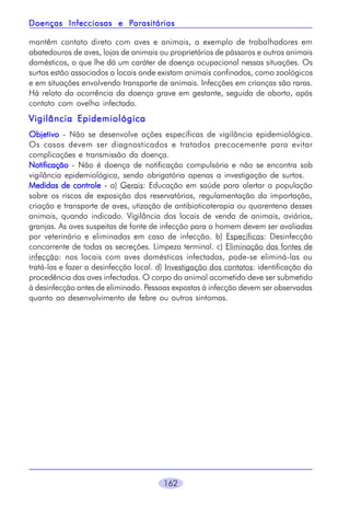 Parasitárias
Doenças Infecciosas e Parasitárias
mantêm contato direto com aves e animais, a exemplo de trabalhadores em
abatedouros de aves, lojas de animais ou proprietários de pássaros e outros animais
domésticos, o que lhe dá um caráter de doença ocupacional nessas situações. Os
surtos estão associados a locais onde existam animais confinados, como zoológicos
e em situações envolvendo transporte de animais. Infecções em crianças são raras.
Há relato da ocorrência da doença grave em gestante, seguida de aborto, após
contato com ovelha infectada.

Vigilância Epidemiológica
Objetivo - Não se desenvolve ações específicas de vigilância epidemiológica.
Os casos devem ser diagnosticados e tratados precocemente para evitar
complicações e transmissão da doença.
Notificação - Não é doença de notificação compulsória e não se encontra sob
vigilância epidemiológica, sendo obrigatória apenas a investigação de surtos.
Medidas de controle - a) Gerais: Educação em saúde para alertar a população
sobre os riscos de exposição dos reservatórios, regulamentação da importação,
criação e transporte de aves, utização de antibioticoterapia ou quarentena desses
animais, quando indicado. Vigilância dos locais de venda de animais, aviários,
granjas. As aves suspeitas de fonte de infecção para o homem devem ser avaliadas
por veterinário e eliminadas em caso de infecção. b) Específicas: Desinfecção
concorrente de todas as secreções. Limpeza terminal. c) Eliminação das fontes de
infecção: nos locais com aves domésticas infectadas, pode-se eliminá-las ou
tratá-las e fazer a desinfecção local. d) Investigação dos contatos: identificação da
procedência das aves infectadas. O corpo do animal acometido deve ser submetido
à desinfecção antes de eliminado. Pessoas expostas à infecção devem ser observadas
quanto ao desenvolvimento de febre ou outros sintomas.

162

 