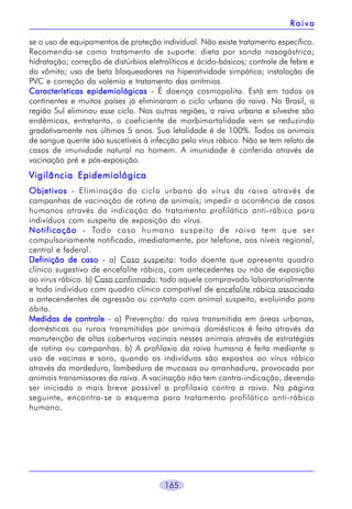 Raiva
se o uso de equipamentos de proteção individual. Não existe tratamento específico.
Recomenda-se como tratamento de suporte: dieta por sonda nasogástrica;
hidratação; correção de distúrbios eletrolíticos e ácido-básicos; controle de febre e
do vômito; uso de beta bloqueadores na hiperatividade simpática; instalação de
PVC e correção da volemia e tratamento das arritmias.
Características epidemiológicas - É doença cosmopolita. Está em todos os
continentes e muitos países já eliminaram o ciclo urbano da raiva. No Brasil, a
região Sul eliminou esse ciclo. Nas outras regiões, a raiva urbana e silvestre são
endêmicas, entretanto, o coeficiente de morbimortalidade vem se reduzindo
gradativamente nos últimos 5 anos. Sua letalidade é de 100%. Todos os animais
de sangue quente são suscetíveis à infecção pelo vírus rábico. Não se tem relato de
casos de imunidade natural no homem. A imunidade é conferida através de
vacinação pré e pós-exposição.

Vigilância Epidemiológica
Objetivos - Eliminação do ciclo urbano do vírus da raiva através de
campanhas de vacinação de rotina de animais; impedir a ocorrência de casos
humanos através da indicação do tratamento profilático anti-rábico para
indivíduos com suspeita de exposição do vírus.
Notificação - Todo caso humano suspeito de raiva tem que ser
compulsoriamente notificado, imediatamente, por telefone, aos níveis regional,
central e federal.
Definição de caso - a) Caso suspeito: todo doente que apresenta quadro
clínico sugestivo de encefalite rábica, com antecedentes ou não de exposição
ao vírus rábico. b) Caso confirmado: todo aquele comprovado laboratorialmente
e todo indivíduo com quadro clínico compatível de encefalite rábica associado
a antecendentes de agressão ou contato com animal suspeito, evoluindo para
óbito.
Medidas de controle - a) Prevenção: da raiva transmitida em áreas urbanas,
domésticas ou rurais transmitidas por animais domésticos é feita através da
manutenção de altas coberturas vacinais nesses animais através de estratégias
de rotina ou campanhas. b) A profilaxia da raiva humana é feita mediante o
uso de vacinas e soro, quando os indivíduos são expostos ao vírus rábico
através da mordedura, lambedura de mucosas ou arranhadura, provocada por
animais transmissores da raiva. A vacinação não tem contra-indicação, devendo
ser iniciada o mais breve possível a profilaxia contra a raiva. Na página
seguinte, encontra-se o esquema para tratamento profilático anti-rábico
humano.

165

 