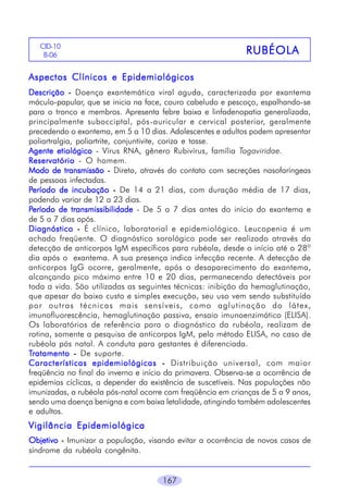 CID-10
B-06

RUBÉOLA

Aspectos Clínicos e Epidemiológicos
Descrição - Doença exantemática viral aguda, caracterizada por exantema
máculo-papular, que se inicia na face, couro cabeludo e pescoço, espalhando-se
para o tronco e membros. Apresenta febre baixa e linfadenopatia generalizada,
principalmente subocciptal, pós-auricular e cervical posterior, geralmente
precedendo o exantema, em 5 a 10 dias. Adolescentes e adultos podem apresentar
poliartralgia, poliartrite, conjuntivite, coriza e tosse.
Agente etiológico - Vírus RNA, gênero Rubivírus, família Togaviridae.
Reservatório - O homem.
Modo de transmissão - Direto, através do contato com secreções nasofaríngeas
de pessoas infectadas.
Período de incubação - De 14 a 21 dias, com duração média de 17 dias,
podendo variar de 12 a 23 dias.
Período de transmissibilidade - De 5 a 7 dias antes do início do exantema e
de 5 a 7 dias após.
Diagnóstico - É clínico, laboratorial e epidemiológico. Leucopenia é um
achado freqüente. O diagnóstico sorológico pode ser realizado através da
detecção de anticorpos IgM específicos para rubéola, desde o início até o 28o
dia após o exantema. A sua presença indica infecção recente. A detecção de
anticorpos IgG ocorre, geralmente, após o desaparecimento do exantema,
alcançando pico máximo entre 10 e 20 dias, permanecendo detectáveis por
toda a vida. São utilizadas as seguintes técnicas: inibição da hemaglutinação,
que apesar do baixo custo e simples execução, seu uso vem sendo substituído
por outras técnicas mais sensíveis, como aglutinação do látex,
imunofluorescência, hemaglutinação passiva, ensaio imunoenzimático (ELISA).
Os laboratórios de referência para o diagnóstico da rubéola, realizam de
rotina, somente a pesquisa de anticorpos IgM, pelo método ELISA, no caso de
rubéola pós natal. A conduta para gestantes é diferenciada.
Tratamento - De suporte.
Características epidemiológicas - Distribuição universal, com maior
freqüência no final do inverno e início da primavera. Observa-se a ocorrência de
epidemias cíclicas, a depender da existência de suscetíveis. Nas populações não
imunizadas, a rubéola pós-natal ocorre com freqüência em crianças de 5 a 9 anos,
sendo uma doença benigna e com baixa letalidade, atingindo também adolescentes
e adultos.

Vigilância Epidemiológica
Objetivo - Imunizar a população, visando evitar a ocorrência de novos casos de
síndrome da rubéola congênita.
167

 