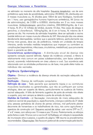 Parasitárias
Doenças Infecciosas e Parasitárias
na admissão no momento da alta hospitalar. Esquema terapêutico: uso de soro
antitetânico após teste de sensibilidade, administrar 20.000UI, IM, distribuídos em
2 massas musculares ou, IV, diluídos para 100ml de soro fisiológico, transfundir
em 1 hora; usar gamaglobulina humana hiperimune antitetânica, IM (única via
de administração), de 3.000 a 6.000UI, distribuídas em 2 ou mais massas
musculares. Antibioticoterapia: penicilina cristalina, 200.000UI/kg/dia, de 4 em
4 horas, IV, (9 a 12 milhões de UI/dia), durante 10 dias. Nos casos de alergia à
penicilina, o cloranfenicol, 100mg/kg/dia, de 6 em 6 horas, IV, máximo de 4
gramas ao dia. No momento da admissão hospitalar, deve ser aplicada a vacina
toxóide tetânica em massa muscular diferente do SAT. Manutenção das vias aéreas
devidamente desimpedidas. Lembrar que o paciente tetânico, particularmente nas
formas mais graves, deve ser, de preferência, tratado em unidades de terapia
intensiva, sendo tomadas medidas terapêuticas que impeçam ou controlem as
complicações (respiratórias, infecciosas, circulatórias, metabólicas), que comumente
levam o paciente ao óbito.
Características epidemiológicas - A distribuição anual da doença não
apresenta variação sazonal definida. Apesar da incidência universal, o tétano é
relativamente mais comum em países subdesenvolvidos, com baixa cobertura
vacinal, ocorrendo indistintamente em área urbana e rural. Sua ocorrência está
relacionada com as atividades profissionais ou de lazer, mas pode afetar todos os
indivíduos não vacinados.

Vigilância Epidemiológica
Objetivo - Diminuir a incidência da doença através da vacinação adequada da
população.
Notificação - Doença de notificação compulsória.
Definição de caso - Todo paciente que apresenta trismo e ou contraturas
musculares localizadas ou generalizadas, que não se justifiquem por outras
etiologias, deve ser suspeito de tétano, particularmente na ausência de história
vacinal adequada. A falta de ferimento sugestivo de porta de entrada não afasta
a suspeita, pois nem sempre se detecta a porta de entrada do bacilo.
Medidas de Controle - a) Vacinação: manutenção de níveis adequados de
cobertura vacinal da população e, especificamente, crianças e adultos da 3a idade
e/ou pessoas portadoras de úlceras de pernas crônicas, mal perfurante plantar
decorrente de hanseníase e os trabalhadores de risco, tais como agricultores e
o
operários da construção civil. Esquema vacinal de rotina: usar vacina DTP no 2 ,
o
o
4 e 6 meses, com reforço aos 15 meses e aos 10 anos. Posteriormente, os reforços
serão feitos a cada 10 anos com a vacina dT. b) Profilaxia: em relação à necessidade
de imunização ativa e passiva, o quadro da página 188 resume os procedimentos
recomendados. Observações: São focos em potencial de contaminação pelo bacilo:
186

 