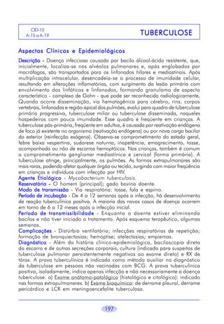 CID-10
A-15 a A-19

TUBERCULOSE
TUBERCUL OSE

Aspectos Clínicos e Epidemiológicos
Descrição - Doença infecciosa causada por bacilo álcool-ácido resistente, que,
inicialmente, localiza-se nos alvéolos pulmonares e, após englobados por
macrófagos, são transportados para os linfonodos hilares e mediastinais. Após
multiplicação intracelular, desencadeia-se o processo de imunidade celular,
resultando em alterações inflamatórias, com surgimento da lesão primária com
envolvimento dos linfáticos e linfonodos, formando granuloma de aspecto
característico - complexo de Gohn - que pode ser reconhecido radiologicamente.
.
Quando ocorre disseminação, via hematogênica para cérebro, rins, corpos
vertebrais, linfonodos e região apical dos pulmões, evolui para quadro de tuberculose
primária progressiva, tuberculose miliar ou tuberculose disseminada, naqueles
hospedeiros com pouca imunidade. Esse quadro é freqüente em crianças. A
tuberculose pós-primária, freqüente em adultos, é causada por reativação endógena
de foco já existente no organismo (reativação endógena) ou por nova carga bacilar
do exterior (reinfecção exógena). Observa-se comprometimento do estado geral,
febre baixa vespertina, sudorese noturna, inapetência, emagrecimento, tosse,
acompanhada ou não de escarros hemoptóicos. Nas crianças, também é comum
o comprometimento ganglionar mediastínico e cervical (forma primária). A
tuberculose atinge, principalmente, os pulmões. As formas extrapulmonares são
mais raras, podendo afetar qualquer órgão ou tecido, surgindo com maior freqüência
em crianças e indivíduos com infecção por HIV.
Agente Etiológico - Mycobacterium tuberculosis.
Reservatório - O homem (principal); gado bovino doente.
Modo de transmissão - Via respiratória: tosse, fala e espirro.
Período de incubação - De 4 a 12 semanas após a infecção, há desenvolvimento
de reação tuberculínica positiva. A maioria dos novos casos de doença ocorrem
em torno de 6 a 12 meses após a infecção inicial.
Período de transmissibilidade - Enquanto o doente estiver eliminando
bacilos e não tiver iniciado o tratamento. Após esquema terapêutico, algumas
semanas.
Complicações - Distúrbio ventilatório; infecções respiratórias de repetição;
formação de bronquiectasias; hemoptise; atelectasias; empiemas.
Diagnóstico - Além da história clínico-epidemiológica, baciloscopia direta
do escarro e de outras secreções corporais, cultura (indicada para suspeitos de
tuberculose pulmonar persistentemente negativos ao exame direto) e RX de
tórax. A prova tuberculínica é indicada como método auxiliar no diagnóstico
da tuberculose em pessoas não vacinadas com BCG. A prova tuberculínica
positiva, isoladamente, indica apenas infecção e não necessariamente a doença
tuberculose. a) Exame anátomo-patológico (histológico e citológico): indicado
nas formas extrapulmonares. b) Exame bioquímico: de derrame pleural, derrame
pericárdico e LCR em meningoencefalite tuberculosa.

197

 