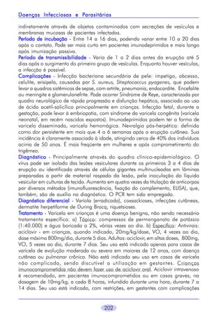 Parasitárias
Doenças Infecciosas e Parasitárias
indiretamente através de objetos contaminados com secreções de vesículas e
membranas mucosas de pacientes infectados.
Período de incubação - Entre 14 a 16 dias, podendo variar entre 10 a 20 dias
após o contato. Pode ser mais curto em pacientes imunodeprimidos e mais longo
após imunização passiva.
Período de transmissibilidade - Varia de 1 a 2 dias antes da erupção até 5
dias após o surgimento do primeiro grupo de vesículas. Enquanto houver vesículas,
a infecção é possível.
Complicações - Infecção bacteriana secundária de pele: impetigo, abcesso,
celulite, erisipela, causadas por S. aureus, Streptococcus pyogenes, que podem
levar a quadros sistêmicos de sepse, com artrite, pneumonia, endocardite. Encefalite
ou meningite e glomerulonefrite. Pode ocorrer Síndrome de Reye, caracterizada por
quadro neurológico de rápida progressão e disfunção hepática, associado ao uso
de ácido acetil-salicílico principalmente em crianças. Infecção fetal, durante a
gestação, pode levar à embriopatia, com síndrome da varicela congênita (varicela
neonatal, em recém nascidos expostos). Imunodeprimidos podem ter a forma de
varicela disseminada, varicela hemorrágica. Nevralgia pós-herpética: definida
como dor persistente em mais que 4 a 6 semanas após a erupção cutânea. Sua
incidência é claramente associada à idade, atingindo cerca de 40% dos indivíduos
acima de 50 anos. É mais freqüente em mulheres e após comprometimento do
trigêmeo.
Diagnóstico - Principalmente através do quadro clínico-epidemiológico. O
vírus pode ser isolado das lesões vesiculares durante os primeiros 3 a 4 dias de
erupção ou identificado através de células gigantes multinucleadas em lâminas
preparadas a partir de material raspado da lesão, pela inoculação do líquido
vesicular em culturas de tecido. Aumento em quatro vezes da titulação de anticorpos
por diversos métodos (imunofluorescência, fixação do complemento, ELISA), que,
também, são de auxílio no diagnóstico. O PCR tem sido empregado.
Diagnóstico diferencial - Varíola (erradicada), coxsackioses, infecções cutâneas,
dermatite herpetiforme de During Brocq, riquetsioses.
Tratamento - Varicela em crianças é uma doença benigna, não sendo necessário
tratamento específico. a) Tópico: compressas de permanganato de potássio
(1:40.000) e água boricada a 2%, várias vezes ao dia. b) Específico: Antivirais:
aciclovir - em crianças, quando indicado, 20mg/kg/dose, VO, 4 vezes ao dia,
dose máxima 800mg/dia, durante 5 dias. Adultos: aciclovir, em altas doses, 800mg,
VO, 5 vezes ao dia, durante 7 dias. Seu uso está indicado apenas para casos de
varicela de evolução moderada ou severa em maiores de 12 anos, com doença
cutânea ou pulmonar crônica. Não está indicado seu uso em casos de varicela
não complicada, sendo discutível a utilização em gestantes. Crianças
imunocomprometidas não devem fazer uso de aciclovir oral. Aciclovir intravenoso
é recomendado, em pacientes imunocomprometidos ou em casos graves, na
dosagem de 10mg/kg, a cada 8 horas, infundido durante uma hora, durante 7 a
14 dias. Seu uso está indicado, com restrições, em gestantes com complicações

202

 
