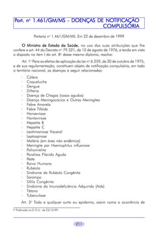 NOTIFICAÇÃO
Port. no 1.461/GM/MS - DOENÇAS DE NOTIFICAÇÃO
COMPULSÓRIA
Portaria no 1.461/GM/MS. Em 22 de dezembro de 1999
Saúde,
O Ministro de Estado da Saúde no uso das suas atribuições que lhe
confere o art. 44 do Decreto no 79.321, de 12 de agosto de 1976, e tendo em vista
o disposto no item I do art. 8o desse mesmo diploma, resolve:
Art. 1o Para os efeitos da aplicação da Lei no 6.259, de 30 de outubro de 1975,
e de sua regulamentação, constituem objeto de notificação compulsória, em todo
o território nacional, as doenças a seguir relacionadas:
·
·
·
·
·
·
·
·
·
·
·
·
·
·
·
·
·
·
·
·
·
·
·
·
·
·
·

Cólera
Coqueluche
Dengue
Difteria
Doença de Chagas (casos agudos)
Doença Meningocócica e Outras Meningites
Febre Amarela
Febre Tifóide
Hanseníase
Hantavirose
Hepatite B
Hepatite C
Leishmaniose Visceral
Leptospirose
Malária (em área não endêmica)
Meningite por Haemophilus influenzae
Poliomielite
Paralisia Flácida Aguda
Peste
Raiva Humana
Rubéola
Síndrome da Rubéola Congênita
Sarampo
Sífilis Congênita
Síndrome da Imunodeficiência Adquirida (Aids)
Tétano
Tuberculose

Art. 2o Todo e qualquer surto ou epidemia, assim como a ocorrência de
l* Publicada no D.O.U. de 23/12/99.

211

 