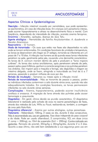 CID-10
B-76

ANCILOST
OSTOMÍASE
ANCIL OST OMÍASE

Aspectos Clínicos e Epidemiológicos
Descrição - Infecção intestinal causada por nematódeos, que pode apresentarse assintomática, em caso de infecções leves. Em crianças com parasitismo intenso,
pode ocorrer hipoproteinemia e atraso no desenvolvimento físico e mental. Com
freqüência, dependendo da intensidade da infecção, acarreta anemia ferropriva.
Sinonímia - Amarelão, opilação, doença do Jeca Tatu.
Agente etiológico - Nematóides da família Ancylostomidae: A. duodenale e
Necator Americanus.
Reservatório - O homem.
Modo de transmissão - Os ovos que estão nas fezes são depositados no solo
onde se tornam embrionados. Em condições favoráveis de umidade e temperatura,
as larvas se desenvolvem até chegar ao 3o estágio, tornando-se infectantes em um
prazo de 7 a 10 dias. A infecção nos homens se dá quando essas larvas infectantes
penetram na pele, geralmente pelos pés, causando uma dermartite característica.
As larvas de A. caninum morrem dentro da pele e produzem a “larva migrans
cutânea”. As larvas dos outros ancilóstomos, após penetrarem através da pele,
passam pelos vasos linfáticos, ganham a corrente sangüínea e nos pulmões penetram
nos alvéolos. Daí migram para a traquéia e faringe, são deglutidas e chegam ao
intestino delgado, onde se fixam, atingindo a maturidade ao final de 6 a 7
semanas, passando a produzir milhares de ovos por dia.
Período de incubação - Semanas ou meses após a infecção inicial.
Período de transmissibilidade - Não se transmite de pessoa a pessoa, porém
os indivíduos infectados contaminam o solo durante vários anos, quando não são
adequadamente tratados. Em condições favoráveis, as larvas permanecem
infectantes no solo durante várias semanas.
Complicações - Anemia, hipoproteinemia, podendo ocorrer insuficiência
cardíaca e anasarca. A migração da larva através dos pulmões pode causar
hemorragia e pneumonite.
Diagnóstico - Em geral, clínico devido ao prurido característico. O diagnóstico
laboratorial é realizado pelo achado de ovos no exame parasitológico de fezes,
através dos métodos de Lutz, Willis ou Faust, realizando-se, também, a contagem
de ovos pelo Kato-Katz.
Diagnóstico diferencial - Anemia por outras etiologias, outras parasitoses.
Tratamento - Mebendazol, 100mg, 2 vezes ao dia, durante 3 dias consecutivos.
Não é recomendado seu uso em gestantes. Essa dose independe do peso corporal
e da idade. Pode ser usado albendazol, 2 comprimidos, VO, em dose única
(1 comp = 200mg), ou 10ml de suspensão (5ml = 200mg). Contra-indicado em
gestantes. Pamoato de pirantel, 20mg/kg a 30mg/kg/dia, durante 2 a 3 dias.
Quanto a esse último, não está bem estabelecido a sua segurança para uso em
29

 