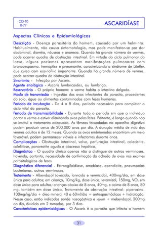 CID-10
B-77

ASCARIDÍASE

Aspectos Clínicos e Epidemiológicos
Descrição - Doença parasitária do homem, causada por um helminto.
Habitualmente, não causa sintomatologia, mas pode manifestar-se por dor
abdominal, diarréia, náuseas e anorexia. Quando há grande número de vermes,
pode ocorrer quadro de obstrução intestinal. Em virtude do ciclo pulmonar da
larva, alguns pacientes apresentam manifestações pulmonares com
broncoespasmo, hemoptise e pneumonite, caracterizando a síndrome de Löefler,
que cursa com eosinofilia importante. Quando há grande número de vermes,
pode ocorrer quadro de obstrução intestinal.
Sinonímia - Infecção por Ascaris.
Agente etiológico - Ascaris lumbricoides, ou lombriga.
Reservatório - O próprio homem: o verme habita o intestino delgado.
Modo de transmissão - Ingestão dos ovos infectantes do parasita, procedentes
do solo, água ou alimentos contaminados com fezes humanas.
Período de incubação - De 4 a 8 dias, período necessário para completar o
ciclo vital do parasita.
Período de transmissibilidade - Durante todo o período em que o indivíduo
portar o verme e estiver eliminando ovos pelas fezes. Portanto, é longo quando não
se institui o tratamento adequado. As fêmeas fecundadas no aparelho digestivo
podem produzir cerca de 200.000 ovos por dia. A duração média de vida dos
vermes adultos é de 12 meses. Quando os ovos embrionados encontram um meio
favorável, podem permanecer viáveis e infectantes durante anos.
Complicações - Obstrução intestinal, volvo, perfuração intestinal, colecistite,
colelitíase, pancreatite aguda e abscesso hepático.
Diagnóstico - O quadro clínico apenas não a distingue de outras verminoses,
havendo, portanto, necessidade de confirmação do achado de ovos nos exames
parasitológicos de fezes.
Diagnóstico diferencial - Estrongiloidíase, amebíase, apendicite, pneumonias
bacterianas, outras verminoses.
Tratamento - Albendazol (ovocida, larvicida e vermicida), 400mg/dia, em dose
única para adultos; em criança, 10mg/kg, dose única; levamizol, 150mg, VO, em
dose única para adultos; crianças abaixo de 8 anos, 40mg, e acima de 8 anos, 80
mg, também em dose única. Tratamento da obstrução intestinal: piperazina,
100mg/kg/dia + óleo mineral 40 a 60ml/dia + antiespasmódicos + hidratação.
Nesse caso, estão indicados sonda nosogástrica e jejum + mebendazol, 200mg
ao dia, dividido em 2 tomadas, por 3 dias.
Características epidemiológicas - O Ascaris é o parasita que infecta o homem

31

 