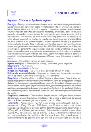CANCRO MOLE

CID-10
A-57

Aspectos Clínicos e Epidemiológicos
Descrição - Doença transmitida sexualmente, muito freqüente nas regiões tropicais.
Caracteriza-se por apresentar lesões múltiplas (podendo ser única), tipo úlceras e,
habitualmente, dolorosas, de borda irregular, com contornos eritemato-edematosos
e fundo irregular, cobertos por exsudato necrótico, amarelado, odor fétido, que,
quando removido, revela tecido de granulação com sangramento fácil e
traumatismos. No homem, as localizações mais freqüentes são no frênulo e no
sulco bálano prepucial; na mulher, na fúrcula e na face interna dos grandes lábios.
No colo uterino e na parede vaginal, podem aparecer lesões que produzem
sintomatologia discreta. Nas mulheres, as infecções podem ser assintomáticas.
Lesões extragenitais têm sido assinaladas. Em 30 a 50% dos pacientes, os linfonodos
são atingidos, geralmente, inguino-crurais (bulbão), sendo unilaterais em 2/3 dos
casos; observados quase que exclusivamente no sexo masculino pelas características
anatômicas da drenagem linfática. No início, ocorre tumefação sólida e dolorosa,
evoluindo para liquefação e fistulização em 50% dos casos, tipicamente por orifício
único.
Sinonímia - Cancróide, cancro venéreo simples.
Agente etiológico - Haemophilus ducrey, bastonete gram negativo.
Reservatório - O homem.
Modo de transmissão - Sexual.
Período de incubação - De 3 a 5 dias, podendo atingir 14 dias.
Período de transmissibilidade - Semanas ou meses sem tratamento, enquanto
durem as lesões. Com antibioticoterapia, 1 a 2 semanas.
Diagnóstico - Suspeita clínica, epidemiológica e laboratorial. Essa é feita por:
exame direto: pesquisa em coloração, pelo método de Gram, em esfregaços de secreção
da base da úlcera ou do material obtido por aspiração do bulbão. Observam-se, mais
intensamente, bacilos gram negativos intracelulares, geralmente aparecendo em cadeias
paralelas, acompanhados de cocos gram positivos (fenômeno de satelismo). Cultura:
é o método diagnóstico mais sensível, porém de difícil realização pelas características
do bacilo.
Diagnóstico diferencial - Cancro duro, herpes simples, linfogranuloma venéreo,
donovanose, erosões traumáticas infectadas. Não é rara a ocorrência do cancro
misto de Rollet (multietiologia com o cancro duro da sífilis).
Tratamento - Azitromicina, 1g, VO, dose única; sulfametoxazol, 800mg +
trimetoprim, 160mg, VO, de 12/12 horas, por 10 dias ou até a cura clínica;
tiafenicol, 5g, VO, em dose única ou 500mg de 8/8 horas; estereato de eritromicina,
500mg, VO, de 6/6 horas, por, no mínimo, 10 dias ou até a cura clínica; tetraciclina,
500mg, VO, de 6/6 horas, por, no mínimo, 10 dias. O tratamento sistêmico deve
ser acompanhado de medidas de higiene local. Recomendações: o
acompanhamento do paciente deve ser feito até a involução total das lesões; é

37

 