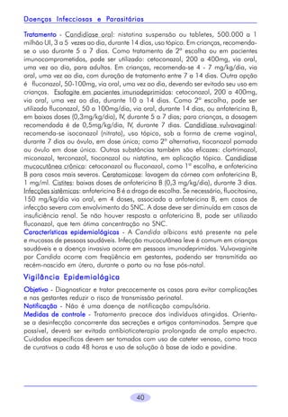 Parasitárias
Doenças Infecciosas e Parasitárias
Tratamento - Candidíase oral: nistatina suspensão ou tabletes, 500.000 a 1
milhão UI, 3 a 5 vezes ao dia, durante 14 dias, uso tópico. Em crianças, recomendase o uso durante 5 a 7 dias. Como tratamento de 2ª escolha ou em pacientes
imunocomprometidos, pode ser utilizado: cetoconazol, 200 a 400mg, via oral,
uma vez ao dia, para adultos. Em crianças, recomenda-se 4 - 7 mg/kg/dia, via
oral, uma vez ao dia, com duração de tratamento entre 7 a 14 dias. Outra opção
é fluconazol, 50-100mg, via oral, uma vez ao dia, devendo ser evitado seu uso em
crianças. Esofagite em pacientes imunodeprimidos: cetoconazol, 200 a 400mg,
via oral, uma vez ao dia, durante 10 a 14 dias. Como 2ª escolha, pode ser
utilizado fluconazol, 50 a 100mg/dia, via oral, durante 14 dias, ou anfotericina B,
em baixas doses (0,3mg/kg/dia), IV, durante 5 a 7 dias; para crianças, a dosagem
recomendada é de 0,5mg/kg/dia, IV, durante 7 dias. Candidíase vulvovaginal:
recomenda-se isoconazol (nitrato), uso tópico, sob a forma de creme vaginal,
durante 7 dias ou óvulo, em dose única; como 2ª alternativa, tiocanozol pomada
ou óvulo em dose única. Outras substâncias também são eficazes: clortrimazol,
miconazol, terconazol, tioconazol ou nistatina, em aplicação tópica. Candidíase
mucocutânea crônica: cetoconazol ou fluconazol, como 1ª escolha, e anfotericina
B para casos mais severos. Ceratomicose: lavagem da córnea com anfotericina B,
1 mg/ml. Cistites: baixas doses de anfotericina B (0,3 mg/kg/dia), durante 3 dias.
Infecções sistêmicas: anfotericina B é a droga de escolha. Se necessário, fluocitosina,
150 mg/kg/dia via oral, em 4 doses, associada a anfotericina B, em casos de
infecção severa com envolvimento do SNC. A dose deve ser diminuída em casos de
insuficiência renal. Se não houver resposta a anfotericina B, pode ser utilizado
fluconazol, que tem ótima concentração no SNC.
Características epidemiológicas - A Candida albicans está presente na pele
e mucosas de pessoas saudáveis. Infecção mucocutânea leve é comum em crianças
saudáveis e a doença invasiva ocorre em pessoas imunodeprimidas. Vulvovaginite
por Candida ocorre com freqüência em gestantes, podendo ser transmitida ao
recém-nascido em útero, durante o parto ou na fase pós-natal.

Vigilância Epidemiológica
Objetivo - Diagnosticar e tratar precocemente os casos para evitar complicações
e nas gestantes reduzir o risco de transmissão perinatal.
Notificação - Não é uma doença de notificação compulsória.
Medidas de controle - Tratamento precoce dos indivíduos atingidos. Orientase a desinfecção concorrente das secreções e artigos contaminados. Sempre que
possível, deverá ser evitada antibioticoterapia prolongada de amplo espectro.
Cuidados específicos devem ser tomados com uso de cateter venoso, como troca
de curativos a cada 48 horas e uso de solução à base de iodo e povidine.

40

 