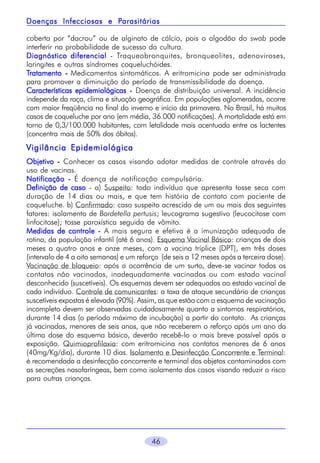 Parasitárias
Doenças Infecciosas e Parasitárias
coberta por “dacrou” ou de alginato de cálcio, pois o algodão do swab pode
interferir na probabilidade de sucesso da cultura.
Diagnóstico diferencial - Traqueobronquites, bronqueolites, adenoviroses,
laringites e outras síndromes coqueluchóides.
Tratamento - Medicamentos sintomáticos. A eritromicina pode ser administrada
para promover a diminuição do período de transmissibilidade da doença.
Características epidemiológicas - Doença de distribuição universal. A incidência
independe da raça, clima e situação geográfica. Em populações aglomeradas, ocorre
com maior freqüência no final do inverno e início da primavera. No Brasil, há muitos
casos de coqueluche por ano (em média, 36.000 notificações). A mortalidade está em
torno de 0,3/100.000 habitantes, com letalidade mais acentuada entre os lactentes
(concentra mais de 50% dos óbitos).

Vigilância Epidemiológica
Objetivo - Conhecer os casos visando adotar medidas de controle através do
uso de vacinas.
Notificação - É doença de notificação compulsória.
Definição de caso - a) Suspeito: todo indivíduo que apresenta tosse seca com
duração de 14 dias ou mais, e que tem história de contato com paciente de
coqueluche. b) Confirmado: caso suspeito acrescido de um ou mais dos seguintes
fatores: isolamento de Bordetella pertusis; leucograma sugestivo (leucocitose com
linfocitose); tosse paroxística seguida de vômito.
Medidas de controle - A mais segura e efetiva é a imunização adequada de
rotina, da população infantil (até 6 anos). Esquema Vacinal Básico: crianças de dois
meses a quatro anos e onze meses, com a vacina tríplice (DPT), em três doses
(intervalo de 4 a oito semanas) e um reforço (de seis a 12 meses após a terceira dose).
Vacinação de bloqueio: após a ocorrência de um surto, deve-se vacinar todos os
contatos não vacinados, inadequadamente vacinados ou com estado vacinal
desconhecido (suscetíveis). Os esquemas devem ser adequados ao estado vacinal de
cada indivíduo. Controle de comunicantes: a taxa de ataque secundário de crianças
suscetíveis expostas é elevada (90%). Assim, as que estão com o esquema de vacinação
incompleto devem ser observadas cuidadosamente quanto a sintomas respiratórios,
durante 14 dias (o período máximo de incubação) a partir do contato. As crianças
já vacinadas, menores de seis anos, que não receberem o reforço após um ano da
última dose do esquema básico, deverão recebê-lo o mais breve possível após a
exposição. Quimioprofilaxia: com eritromicina nos contatos menores de 6 anos
(40mg/Kg/dia), durante 10 dias. Isolamento e Desinfecção Concorrente e Terminal:
é recomendada a desinfecção concorrente e terminal dos objetos contaminados com
as secreções nasofaríngeas, bem como isolamento dos casos visando reduzir o risco
para outras crianças.

46

 