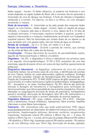 Parasitárias
Doenças Infecciosas e Parasitárias
Aedes aegypti - homem. O Aedes albopictus, já presente nas Américas e com
ampla dispersão na região Sudeste do Brasil, até o momento não foi associado à
transmissão do vírus do dengue nas Américas. A fonte da infecção e hospedeiro
vertebrado é o homem. Foi descrito, na Ásia e na África, um ciclo selvagem
envolvendo o macaco.
Modo de transmissão - A transmissão se faz pela picada dos mosquitos Aedes
aegypti, no ciclo homem - Aedes aegypti - homem. Após um repasto de sangue
infectado, o mosquito está apto a transmitir o vírus, depois de 8 a 12 dias de
incubação extrínseca. A transmissão mecânica também é possível, quando o
repasto é interrompido e o mosquito, imediatamente, se alimenta num hospedeiro
suscetível próximo. Não há transmissão por contato direto de um doente ou de
suas secreções com uma pessoa sadia, nem por fontes de água ou alimento.
Período de incubação - De 3 a 15 dias, em média 5 a 6 dias.
Período de transmissibilidade - Durante o período de viremia, que começa
um dia antes da febre até o sexto dia de doença.
Complicações - Choque decorrente do aumento da permeabilidade capilar,
seguido de hemoconcentração e falência circulatória.
Diagnóstico - No DC, o diagnóstico é clínico e laboratorial nos primeiros casos
e em seguida, clínico-epidemiológico. O DH e SCD necessitam de uma boa
anamnese, seguida de exame clínico com prova do laço (verificar aparecimento de
petéquias).
Diagnóstico laboratorial - a) Específico: isolamento do vírus em culturas
(importante realizar, nos primeiros casos de uma área, a identificação do sorotipo
do vírus. Depois, realizar, em casos selecionados, vigilância virológica). Sorologia
com amostras pareadas: Inibição de Hemaglutinação (IH); Neutralização (N);
Fixação de Complemento (FC). O MAC-ELISA (captura de IgM) necessita de uma
única amostra, é o melhor exame para a vigilância epidemiológica. b) Inespecíficos:
DC - leucopenia e, às vezes, trombocitopenia. Na DH, deve-se dar particular
atenção à dosagem do hematócrito e hemoglobina para verificação de
hemoconcentração, que indica a gravidade do caso e orienta a terapêutica. Ocorrem
alterações no coagulograma (aumento do tempo de protombina, tromboplastina
parcial e trombina), diminuição do fibrinogênio, fator VIII e XII, antitrombina e a
- antiplasmina. Albumina baixa e ocorrem alterações de enzimas hepáticas.
Diagnóstico diferencial - DC: gripe, rubéola, sarampo. DH e SCD - infecções
virais e bacterianas, choque endotóxico, leptospirose, febre amarela, hepatites
infecciosas e outras febres hemorrágicas.
Tratamento - DC: sintomáticos (não usar ácido acetil-salicílico). FHD: alguns
sinais de alerta precisam ser observados: dor abdominal intensa e contínua, vômitos
persistentes, hepatomegalia dolorosa, derrames cavitários, sangramentos
importantes, hipotensão arterial (PA sistólica ≤ 80mm Hg, em < 5 anos; PA
sistólica ≤ 90mm Hg, em > 5 anos), diminuição da pressão diferencial (PA sistólica
- PA diastólica ≤ 20mm Hg), hipotensão postural (PA sistólica sentado - PA sistólica
em pé com diferença maior que 10mm Hg), diminuição da diurese, agitação,
52

 