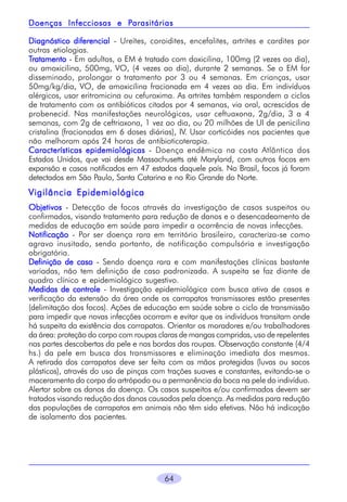 Parasitárias
Doenças Infecciosas e Parasitárias
Diagnóstico diferencial - Ureítes, coroidites, encefalites, artrites e cardites por
outras etiologias.
Tratamento - Em adultos, o EM é tratado com doxicilina, 100mg (2 vezes ao dia),
ou amoxicilina, 500mg, VO, (4 vezes ao dia), durante 2 semanas. Se o EM for
disseminado, prolongar o tratamento por 3 ou 4 semanas. Em crianças, usar
50mg/kg/dia, VO, de amoxicilina fracionada em 4 vezes ao dia. Em indivíduos
alérgicos, usar eritromicina ou cefuroxima. As artrites também respondem a ciclos
de tratamento com os antibióticos citados por 4 semanas, via oral, acrescidos de
probenecid. Nas manifestações neurológicas, usar ceftuaxona, 2g/dia, 3 a 4
semanas, com 2g de ceftriaxona, 1 vez ao dia, ou 20 milhões de UI de penicilina
cristalina (fracionadas em 6 doses diárias), IV. Usar corticóides nos pacientes que
não melhoram após 24 horas de antibioticoterapia.
Características epidemiológicas - Doença endêmica na costa Atlântica dos
Estados Unidos, que vai desde Massachusetts até Maryland, com outros focos em
expansão e casos notificados em 47 estados daquele país. No Brasil, focos já foram
detectados em São Paulo, Santa Catarina e no Rio Grande do Norte.

Vigilância Epidemiológica
Objetivos - Detecção de focos através da investigação de casos suspeitos ou
confirmados, visando tratamento para redução de danos e o desencadeamento de
medidas de educação em saúde para impedir a ocorrência de novas infecções.
Notificação - Por ser doença rara em território brasileiro, caracteriza-se como
agravo inusitado, sendo portanto, de notificação compulsória e investigação
obrigatória.
Definição de caso - Sendo doença rara e com manifestações clínicas bastante
variadas, não tem definição de caso padronizada. A suspeita se faz diante de
quadro clínico e epidemiológico sugestivo.
Medidas de controle - Investigação epidemiológica com busca ativa de casos e
verificação da extensão da área onde os carrapatos transmissores estão presentes
(delimitação dos focos). Ações de educação em saúde sobre o ciclo de transmissão
para impedir que novas infecções ocorram e evitar que os indivíduos transitam onde
há suspeita da existência dos carrapatos. Orientar os moradores e/ou trabalhadores
da área: proteção do corpo com roupas claras de mangas compridas, uso de repelentes
nas partes descobertas da pele e nas bordas das roupas. Observação constante (4/4
hs.) da pele em busca dos transmissores e eliminação imediata dos mesmos.
A retirada dos carrapatos deve ser feita com as mãos protegidas (luvas ou sacos
plásticos), através do uso de pinças com trações suaves e constantes, evitando-se o
maceramento do corpo do artrópodo ou a permanência da boca na pele do indivíduo.
Alertar sobre os danos da doença. Os casos suspeitos e/ou confirmados devem ser
tratados visando redução dos danos causados pela doença. As medidas para redução
das populações de carrapatos em animais não têm sido efetivas. Não há indicação
de isolamento dos pacientes.

64

 