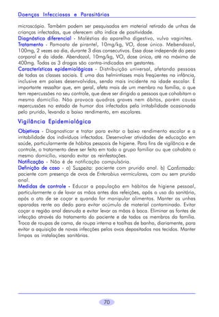 Parasitárias
Doenças Infecciosas e Parasitárias
microscópio. Também podem ser pesquisados em material retirado de unhas de
crianças infectadas, que oferecem alto índice de positividade.
Diagnóstico diferencial - Moléstias do aparelho digestivo, vulvo vaginites.
Tratamento - Pamoato de pirantel, 10mg/kg, VO, dose única. Mebendazol,
100mg, 2 vezes ao dia, durante 3 dias consecutivos. Essa dose independe do peso
corporal e da idade. Abendazol, 10mg/kg, VO, dose única, até no máximo de
400mg. Todas as 3 drogas são contra-indicadas em gestantes.
Características epidemiológicas - Distribuição universal, afetando pessoas
de todas as classes sociais. É uma das helmintíases mais freqüentes na infância,
inclusive em países desenvolvidos, sendo mais incidente na idade escolar. É
importante ressaltar que, em geral, afeta mais de um membro na família, o que
tem repercussões no seu controle, que deve ser dirigido a pessoas que cohabitam o
mesmo domicílio. Não provoca quadros graves nem óbitos, porém causa
repercussões no estado de humor dos infectados pela irritabilidade ocasionada
pelo prurido, levando a baixo rendimento, em escolares.

Vigilância Epidemiológica
Objetivos - Diagnosticar e tratar para evitar o baixo rendimento escolar e a
irritabilidade dos indivíduos infectados. Desenvolver atividades de educação em
saúde, particularmente de hábitos pessoais de higiene. Para fins de vigilância e de
controle, o tratamento deve ser feito em todo o grupo familiar ou que cohabita o
mesmo domicílio, visando evitar as reinfestações.
Notificação - Não é de notificação compulsória.
Definição de caso - a) Suspeito: paciente com prurido anal. b) Confirmado:
paciente com presença de ovos de Enterobius vermiculares, com ou sem prurido
anal.
Medidas de controle - Educar a população em hábitos de higiene pessoal,
particularmente o de lavar as mãos antes das refeições, após o uso do sanitário,
após o ato de se coçar e quando for manipular alimentos. Manter as unhas
aparadas rente ao dedo para evitar acúmulo de material contaminado. Evitar
coçar a região anal desnuda e evitar levar as mãos à boca. Eliminar as fontes de
infecção através do tratamento do paciente e de todos os membros da família.
Troca de roupas de cama, de roupa interna e toalhas de banho, diariamente, para
evitar a aquisição de novas infecções pelos ovos depositados nos tecidos. Manter
limpas as instalações sanitárias.

70

 