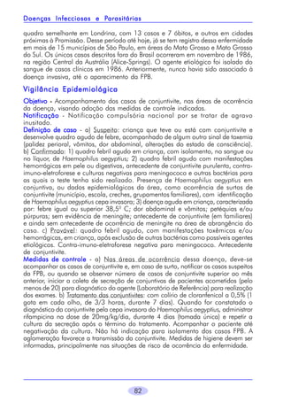 Parasitárias
Doenças Infecciosas e Parasitárias
quadro semelhante em Londrina, com 13 casos e 7 óbitos, e outros em cidades
próximas à Promissão. Desse período até hoje, já se tem registro dessa enfermidade
em mais de 15 municípios de São Paulo, em áreas do Mato Grosso e Mato Grosso
do Sul. Os únicos casos descritos fora do Brasil ocorreram em novembro de 1986,
na região Central da Austrália (Alice-Springs). O agente etiológico foi isolado do
sangue de casos clínicos em 1986. Anteriormente, nunca havia sido associado à
doença invasiva, até o aparecimento da FPB.

Vigilância Epidemiológica
Objetivo - Acompanhamento dos casos de conjuntivite, nas áreas de ocorrência
da doença, visando adoção das medidas de controle indicadas.
Notificação - Notificação compulsória nacional por se tratar de agravo
inusitado.
Definição de caso - a) Suspeito: criança que teve ou está com conjuntivite e
desenvolve quadro agudo de febre, acompanhado de algum outro sinal de toxemia
(palidez perioral, vômitos, dor abdominal, alterações do estado de consciência).
b) Confirmado: 1) quadro febril agudo em criança, com isolamento, no sangue ou
no líquor, de Haemophilus aegyptius; 2) quadro febril agudo com manifestações
hemorrágicas em pele ou digestivas, antecedente de conjuntivite purulenta, contraimuno-eletroforese e culturas negativas para meningococo e outras bactérias para
as quais o teste tenha sido realizado. Presença de Haemophilus aegyptius em
conjuntiva, ou dados epidemiológicos da área, como ocorrência de surtos de
conjuntivite (município, escola, creches, grupamentos familiares), com identificação
de Haemophilus aegyptius cepa invasora; 3) doença aguda em criança, caracterizada
por: febre igual ou superior 38,50 C; dor abdominal e vômitos; petéquias e/ou
púrpuras; sem evidência de meningite; antecedente de conjuntivite (em familiares)
e ainda sem antecedente de ocorrência de meningite na área de abrangência do
caso. c) Provável: quadro febril agudo, com manifestações toxêmicas e/ou
hemorrágicas, em criança, após exclusão de outras bactérias como possíveis agentes
etiológicos. Contra-imuno-eletroforese negativa para meningococo. Antecedente
de conjuntivite.
Medidas de controle - a) Nas áreas de ocorrência dessa doença, deve-se
acompanhar os casos de conjuntivite e, em caso de surto, notificar os casos suspeitos
da FPB, ou quando se observar número de casos de conjuntivite superior ao mês
anterior, iniciar a coleta de secreção de conjuntivas de pacientes acometidos (pelo
menos de 20) para diagnóstico do agente (Laboratório de Referência) para realização
dos exames. b) Tratamento das conjuntivites: com colírio de cloranfenicol a 0,5% (1
gota em cada olho, de 3/3 horas, durante 7 dias). Quando for constatado o
diagnóstico da conjuntivite pela cepa invasora do Haemophilus aegyptius, administrar
rifampicina na dose de 20mg/kg/dia, durante 4 dias (tomada única) e repetir a
cultura da secreção após o término do tratamento. Acompanhar o paciente até
negativação da cultura. Não há indicação para isolamento dos casos FPB. A
aglomeração favorece a transmissão da conjuntivite. Medidas de higiene devem ser
informadas, principalmente nas situações de risco de ocorrência da enfermidade.

82

 