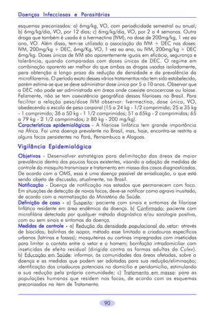 Parasitárias
Doenças Infecciosas e Parasitárias
esquemas preconizados: a) 6mg/kg, VO, com periodicidade semestral ou anual;
b) 6mg/kg/dia, VO, por 12 dias; c) 6mg/kg/dia, VO, por 2 a 4 semanas. Outra
droga que também é usada é a Ivermectina (IVM), na dose de 200mg/kg, 1 vez ao
ano, VO. Além disso, tem-se utilizado a associação da IVM + DEC nas doses:
IVM, 200mg/kg + DEC, 6mg/Kg, VO, 1 vez ao ano, ou IVM, 200mg/kg + DEC
6mg/kg. Doses únicas de IVM são aparentemente iguais em eficácia, segurança e
tolerância, quando comparadas com doses únicas de DEC. O regime em
combinação aparenta ser melhor do que ambas as drogas usadas isoladamente,
para obtenção a longo prazo da redução da densidade e da prevalência da
microfilaremia. O período exato desses vários tratamentos não tem sido estabelecido,
porém estima-se que se deve administrar dose única por 5 a 10 anos. Observar que
a DEC não pode ser administrada em áreas onde coexiste oncocercose ou loíase.
Felizmente, não se tem coexistência geográfica dessas filarioses no Brasil. Para
facilitar a relação peso/dose IVM observar: Ivermectina, dose única, VO,
obedecendo a escala de peso corporal (15 a 24 kg - 1/2 comprimido; 25 a 35 kg
- 1 comprimido; 36 a 50 kg - 1 1/2 comprimidos; 51 a 65kg - 2 comprimidos; 65
a 79 kg - 2 1/2 comprimidos; ≥ 80 kg - 200 mg/kg).
Características epidemiológicas - A filariose linfática tem grande importância
na África. Foi uma doença prevalente no Brasil, mas, hoje, encontra-se restrita a
alguns focos persistentes no Pará, Pernambuco e Alagoas.

Vigilância Epidemiológica
Objetivos - Desenvolver estratégias para delimitação das áreas de maior
prevalência dentro dos poucos focos existentes, visando a adoção de medidas de
controle do mosquito transmissor e tratamento em massa dos casos diagnosticados.
De acordo com a OMS, essa é uma doença passível de erradicação, o que está
sendo objeto de discussão, atualmente, no Brasil.
Notificação - Doença de notificação nos estados que permanecem com foco.
Em situações de detecção de novos focos, deve-se notificar como agravo inusitado,
de acordo com a normatização do Ministério da Saúde.
Definição de caso - a) Suspeito: paciente com sinais e sintomas de filariose
linfática residente em área endêmica da doença. b) Confirmado: paciente com
microfilária detectada por qualquer método diagnóstico e/ou sorologia positiva,
com ou sem sinais e sintomas da doença.
Medidas de controle - a) Redução da densidade populacional do vetor: através
de biocidas; bolinhas de isopor, método esse limitado a criadouros específicos
urbanos (latrinas e fossas); mosquiteiros ou cortinas impregnadas com inseticidas
para limitar o contato entre o vetor e o homem; borrifação intradomiciliar com
inseticidas de efeito residual (dirigida contra as formas adultas do Culex).
b) Educação em Saúde: informar, às comunidades das áreas afetadas, sobre a
doença e as medidas que podem ser adotadas para sua redução/eliminação;
identificação dos criadouros potenciais no domicílio e peridomicílio, estimulando
a sua redução pela própria comunidade; c) Tratamento em massa: para as
populações humanas que residem nos focos, de acordo com os esquemas
preconizados no item de Tratamento.
90

 