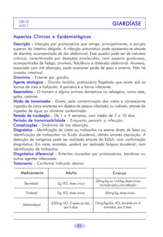 CID-10
A-07.1

GIARDÍASE

Aspectos Clínicos e Epidemiológicos
Descrição - Infecção por protozoários que atinge, principalmente, a porção
superior do intestino delgado. A infecção sintomática pode apresentar-se através
de diarréia, acompanhada de dor abdominal. Esse quadro pode ser de natureza
crônica, caracterizado por dejeções amolecidas, com aspecto gorduroso,
acompanhadas de fadiga, anorexia, flatulência e distensão abdominal. Anorexia,
associada com má absorção, pode ocasionar perda de peso e anemia. Não há
invasão intestinal.
Sinonímia - Enterite por giárdia.
Agente etiologico - Giardia lamblia, protozoário flagelado que existe sob as
formas de cisto e trofozoíto. A primeira é a forma infectante.
Reservatório - O homem e alguns animais domésticos ou selvagens, como cães,
gatos, castores.
Modo de transmissão - Direta, pela contaminação das mãos e conseqüente
ingestão de cistos existentes em dejetos de pessoa infectada; ou indireta, através de
ingestão de água ou alimento contaminado.
Período de incubação - De 1 a 4 semanas, com média de 7 a 10 dias.
Período de transmissibilidade - Enquanto persistir a infecção.
Complicações - Síndrome de má absorção.
Diagnóstico - Identificação de cistos ou trofozoítos no exame direto de fezes ou
identificação de trofozoítos no fluido duodenal, obtido através aspiração. A
detecção de antígenos pode ser realizada através do ELISA, com confirmação
diagnóstica. Em raras ocasiões, poderá ser realizada biópsia duodenal, com
identificação de trofozoítos.
Diagnóstico diferencial - Enterites causadas por protozoários, bactérias ou
outros agentes infecciosos.
Tratamento - Conforme indicado abaixo:
Medicamento

Adulto

Secnidazol

2g, VO, dose única

Tinidazol

2g, VO, dose única

Metronidazol

250mg, VO, 2 vezes ao dia,
por 5 dias

Criança

91

30mg/kg ou 1ml/kg, dose única
tomada após uma refeição
50mg/kg, dose única
15mg/kg/dia, VO, dividida em 2
tomadas, por 5 dias

 