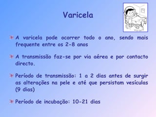 Varicela
A varicela pode ocorrer todo o ano, sendo mais
frequente entre os 2-8 anos
A transmissão faz-se por via aérea e por contacto
directo.
Período de transmissão: 1 a 2 dias antes de surgir
as alterações na pele e até que persistam vesículas
(9 dias)
Período de incubação: 10-21 dias
 