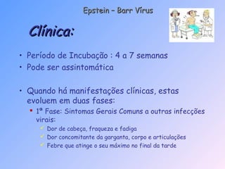 • Período de Incubação : 4 a 7 semanas
• Pode ser assintomática
• Quando há manifestações clínicas, estas
evoluem em duas fases:
 1ª Fase: Sintomas Gerais Comuns a outras infecções
virais:
 Dor de cabeça, fraqueza e fadiga
 Dor concomitante da garganta, corpo e articulações
 Febre que atinge o seu máximo no final da tarde
Clínica:Clínica:
Epstein – Barr VírusEpstein – Barr Vírus
 