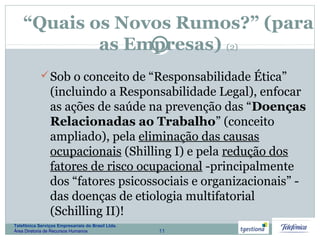 11
Telefônica Serviços Empresariais do Brasil Ltda.
Área Diretoria de Recursos Humanos
“Quais os Novos Rumos?” (para
as Empresas) (2)
Sob o conceito de “Responsabilidade Ética”
(incluindo a Responsabilidade Legal), enfocar
as ações de saúde na prevenção das “Doenças
Relacionadas ao Trabalho” (conceito
ampliado), pela eliminação das causas
ocupacionais (Shilling I) e pela redução dos
fatores de risco ocupacional -principalmente
dos “fatores psicossociais e organizacionais” -
das doenças de etiologia multifatorial
(Schilling II)!
 