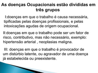 As doenças Ocupacionais estão divididas em
três grupos
I:doenças em que o trabalho é causa necessária,
tipificadas pelas doenças profissionais, e pelas
intoxicações agudas de origem ocupacional.
II:doenças em que o trabalho pode ser um fator de
risco, contributivo, mas não necessário, exemplo:
hipertensão arterial , neoplasias maligna.
III: doenças em que o trabalho é provocador de
um distúrbio latente, ou agravador de uma doença
já estabelecida ou preexistente.
 