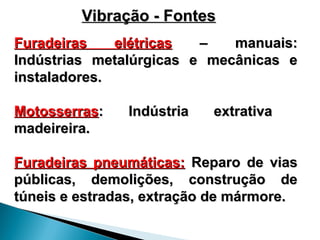 Furadeiras elétricas
Furadeiras elétricas – manuais:
– manuais:
Indústrias metalúrgicas e mecânicas e
Indústrias metalúrgicas e mecânicas e
instaladores.
instaladores.
Motosserras
Motosserras: Indústria extrativa
: Indústria extrativa
madeireira.
madeireira.
Furadeiras pneumáticas:
Furadeiras pneumáticas: Reparo de vias
Reparo de vias
públicas, demolições, construção de
públicas, demolições, construção de
túneis e estradas, extração de mármore.
túneis e estradas, extração de mármore.
Vibração - Fontes
Vibração - Fontes
 