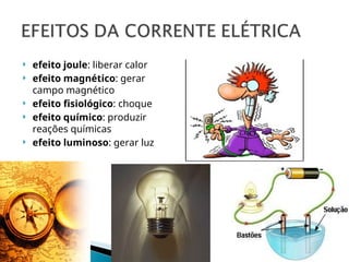  efeito joule: liberar calor
 efeito magnético: gerar
campo magnético
 efeito fisiológico: choque
 efeito químico: produzir
reações químicas
 efeito luminoso: gerar luz
 