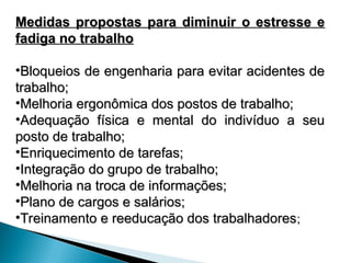 Medidas propostas para diminuir o estresse e
Medidas propostas para diminuir o estresse e
fadiga no trabalho
fadiga no trabalho
•Bloqueios de engenharia para evitar acidentes de
Bloqueios de engenharia para evitar acidentes de
trabalho;
trabalho;
•Melhoria ergonômica dos postos de trabalho;
Melhoria ergonômica dos postos de trabalho;
•Adequação física e mental do indivíduo a seu
Adequação física e mental do indivíduo a seu
posto de trabalho;
posto de trabalho;
•Enriquecimento de tarefas;
Enriquecimento de tarefas;
•Integração do grupo de trabalho;
Integração do grupo de trabalho;
•Melhoria na troca de informações;
Melhoria na troca de informações;
•Plano de cargos e salários;
Plano de cargos e salários;
•Treinamento e reeducação dos trabalhadores
Treinamento e reeducação dos trabalhadores;
;
 