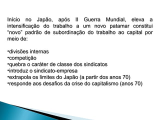 Início no Japão, após II Guerra Mundial, eleva a
Início no Japão, após II Guerra Mundial, eleva a
intensificação do trabalho a um novo patamar constitui
intensificação do trabalho a um novo patamar constitui
“novo” padrão de subordinação do trabalho ao capital por
“novo” padrão de subordinação do trabalho ao capital por
meio de:
meio de:
•divisões internas
divisões internas
•competição
competição
•quebra o caráter de classe dos sindicatos
quebra o caráter de classe dos sindicatos
•introduz o sindicato-empresa
introduz o sindicato-empresa
•extrapola os limites do Japão (a partir dos anos 70)
extrapola os limites do Japão (a partir dos anos 70)
•responde aos desafios da crise do capitalismo (anos 70)
responde aos desafios da crise do capitalismo (anos 70)
 