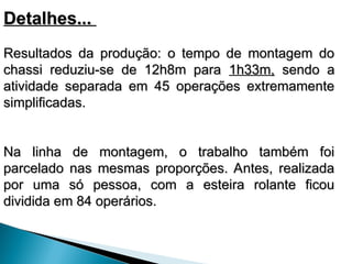 Detalhes...
Detalhes...
Resultados da produção: o tempo de montagem do
Resultados da produção: o tempo de montagem do
chassi reduziu-se de 12h8m para
chassi reduziu-se de 12h8m para 1h33m,
1h33m, sendo a
sendo a
atividade separada em 45 operações extremamente
atividade separada em 45 operações extremamente
simplificadas.
simplificadas.
Na linha de montagem, o trabalho também foi
Na linha de montagem, o trabalho também foi
parcelado nas mesmas proporções. Antes, realizada
parcelado nas mesmas proporções. Antes, realizada
por uma só pessoa, com a esteira rolante ficou
por uma só pessoa, com a esteira rolante ficou
dividida em 84 operários.
dividida em 84 operários.
 