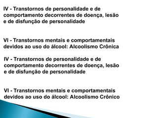 IV - Transtornos de personalidade e de
comportamento decorrentes de doença, lesão
e de disfunção de personalidade
VI - Transtornos mentais e comportamentais
devidos ao uso do álcool: Alcoolismo Crônico
IV - Transtornos de personalidade e de
comportamento decorrentes de doença, lesão
e de disfunção de personalidade
VI - Transtornos mentais e comportamentais
devidos ao uso do álcool: Alcoolismo Crônica
 