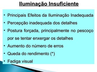 • Principais Efeitos da Iluminação Inadequada
Principais Efeitos da Iluminação Inadequada
• Percepção inadequada dos detalhes
Percepção inadequada dos detalhes
• Postura forçada, principalmente no pescoço
Postura forçada, principalmente no pescoço
por se tentar enxergar os detalhes
por se tentar enxergar os detalhes
• Aumento do número de erros
Aumento do número de erros
• Queda do rendimento (*)
Queda do rendimento (*)
• Fadiga visual
Fadiga visual
Iluminação Insuficiente
Iluminação Insuficiente
 