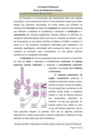 Formação Profissional
Curso de Cabeleireiro Unissexo
Rodrigo Corte-Real – Organização do Trabalho, Higiene e Segurança: Doenças Profissionais
Página 13 de 36
1.3- Asma, Distúrbios Respiratórios
Os brônquios e os bronquíolos são basicamente tubos com paredes
musculares. O seu revestimento interno é uma membrana mucosa que contém
células que produzem mucosidade. As outras células que revestem os
brônquios têm três tipos principais de receptores de superfície especializados
que detectam a presença de substâncias e estimulam a contracção e o
relaxamento dos músculos subjacentes. Quando recebem os estímulos, os
receptores beta-adrenérgicos fazem com que os músculos se relaxem e que,
por conseguinte, as vias aéreas inferiores se dilatem e facilitem a entrada e a
saída do ar. Os receptores colinérgicos estimulados pela acetilcolina e os
receptores peptidérgicos estimulados pela neuroquinina fazem com que os
músculos se contraiam; como consequência, as vias aéreas inferiores
estreitam-se e a ventilação é dificultada.
A obstrução de uma via respiratória pode ser reversível ou irreversível.
No caso da asma, a obstrução é completamente reversível. Na doença
pulmonar crónica obstrutiva, a obstrução é parcialmente reversível,
enquanto a provocada pelo enfisema
é irreversível.
As doenças pulmonares de
origem ocupacional devem-se à
inalação de partículas nocivas, nuvens,
vapores ou gases no local de trabalho.
O local exacto das vias aéreas ou dos
pulmões aonde chega a substância
inalada e o tipo de doença pulmonar
que desencadeia dependem do
tamanho e do tipo das partículas. As
maiores podem ficar retidas no nariz
ou nas vias aéreas superiores, mas as
mais pequenas atingem os pulmões. Uma vez ali, algumas partículas
dissolvem-se e podem passar para a corrente sanguínea; as defesas do corpo
eliminam as mais sólidas que não se dissolvem.
 