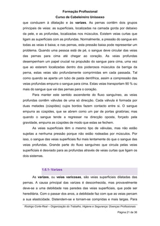 Formação Profissional
Curso de Cabeleireiro Unissexo
Rodrigo Corte-Real – Organização do Trabalho, Higiene e Segurança: Doenças Profissionais
Página 21 de 36
que conduzem à dilatação e às varizes. As pernas contêm dois grupos
principais de veias: as superficiais, localizadas na camada gorda por debaixo
da pele, e as profundas, localizadas nos músculos. Existem veias curtas que
ligam as superficiais com as profundas. Normalmente, a pressão do sangue em
todas as veias é baixa; e nas pernas, esta pressão baixa pode representar um
problema. Quando uma pessoa está de pé, o sangue deve circular das veias
das pernas para cima até chegar ao coração. As veias profundas
desempenham um papel crucial na propulsão do sangue para cima, uma vez
que ao estarem localizadas dentro dos poderosos músculos da barriga da
perna, estas veias são profundamente comprimidas em cada passada. Tal
como quando se aperta um tubo de pasta dentífrica, assim a compressão das
veias profundas empurra o sangue para cima. Estas veias transportam 90 % ou
mais do sangue que vai das pernas para o coração.
Para manter este sentido ascendente do fluxo sanguíneo, as veias
profundas contêm válvulas de uma só direcção. Cada válvula é formada por
duas metades (cúspides) cujos bordos fazem contacto entre si. O sangue
empurra as cúspides, que se abrem como um par de portas giratórias; mas
quando o sangue tende a regressar na direcção oposta, forçado pela
gravidade, empurra as cúspides de modo que estas se fechem.
As veias superficiais têm o mesmo tipo de válvulas, mas não estão
sujeitas a nenhuma pressão porque não estão rodeadas por músculos. Por
isso, o sangue das veias superficiais flui mais lentamente do que o sangue das
veias profundas. Grande parte do fluxo sanguíneo que circula pelas veias
superficiais é desviado para as profundas através de veias curtas que ligam os
dois sistemas.
1.6.1- Varizes
As varizes, ou veias varicosas, são veias superficiais dilatadas das
pernas. A causa principal das varizes é desconhecida, mas provavelmente
deve-se a uma debilidade nas paredes das veias superficiais, que pode ser
hereditária. Com o passar dos anos, a debilidade faz com que as veias percam
a sua elasticidade. Distendem-se e tornam-se compridas e mais largas. Para
 