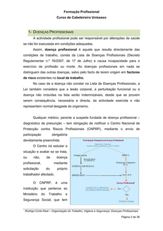 Formação Profissional
Curso de Cabeleireiro Unissexo
Rodrigo Corte-Real – Organização do Trabalho, Higiene e Segurança: Doenças Profissionais
Página 3 de 36
1- DOENÇAS PROFISSIONAIS
A actividade profissional pode ser responsável por alterações da saúde
se não for executada em condições adequadas.
Assim, doença profissional é aquela que resulta directamente das
condições de trabalho, consta da Lista de Doenças Profissionais (Decreto
Regulamentar n.º 76/2007, de 17 de Julho) e causa incapacidade para o
exercício da profissão ou morte. As doenças profissionais em nada se
distinguem das outras doenças, salvo pelo facto de terem origem em factores
de risco existentes no local de trabalho.
No caso de a doença não constar na Lista de Doenças Profissionais, a
Lei também considera que a lesão corporal, a perturbação funcional ou a
doença não incluídas na lista serão indemnizáveis, desde que se provem
serem consequência, necessária e directa, da actividade exercida e não
representem normal desgaste do organismo.
Qualquer médico, perante a suspeita fundada de doença profissional –
diagnóstico de presunção – tem obrigação de notificar o Centro Nacional de
Protecção contra Riscos Profissionais (CNPRP), mediante o envio de
participação obrigatória
devidamente preenchida.
O Centro irá estudar a
situação e avaliar se se trata,
ou não, de doença
profissional, mediante
solicitação do próprio
trabalhador afectado.
O CNPRP, é uma
instituição que pertence ao
Ministério do Trabalho e
Segurança Social, que tem
 
