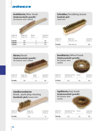 104
1761900S 145 25
Zündkerzenbürste
Brush, spark-plug cleaning
Runddraht glatt/round wire
1752450S 220 x 60 x 25 480
Schrubber/Scrubbing broom
Runddraht glatt/
round wire
1750030S 350 3 190
1750040S 350 4 210
1750050S 350 5 190
Drahtbürste/Wire brush
Zinnbronzedraht gewellt/
tin bronze wire curled
1770150S 22,2 150 520
Rundbürste/Wheel brush
Zinnbronzedraht gewellt/
tin bronze wire
curled
1780150S 22,2 125 700
Topfbürste/Cup brush
Zinnbronzedraht gewellt/
tin bronze wire
curled
1761800S 180 70 300
Bürste/Brush
Zinnbronzedraht gewellt/
tin bronze wire curled
Artikel-Nr. ReihenLänge mm Gewicht g
Artikel-Nr. BreiteLänge mm Gewicht g
Artikel-Nr. Länge mm Gewicht g Artikel-Nr. Ø mmAufnahme-Ø mm Gewicht g
Artikel-Nr. Ø mmAufnahme-Ø mm Gewicht g
Artikel-Nr. Maße mm Gewicht g
 