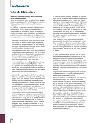 140
3. Da man unter gewissen Umständen, wie erwähnt, die Explosions-
gefahr durch die Verwendung funkenfreier Werkzeuge allein nicht
vollständig ausschalten kann, sind zur Erzielung einer möglichst
weitgehenden Sicherheit gegebenenfalls zusätzliche Vorkehrungen
notwendig. Vor allem sind rostige oder mit Leichtmetallanstrich
versehene Oberflächen mit Öl oder Wasser bei der Arbeit zu
benetzen, falls eine Beseitigung des Rostes bzw. des Anstrichs
nicht schon vorher erfolgen kann. Für gute Belüftung der Arbeits-
stelle und Raumes ist zu sorgen. Auch die Verwendung eines
Arbeitszeltes gegen Außeneinflüsse kann manchmal zweckmäßig
sein. Behälter, Apparate und Rohrleitungen sind unter Umständen
mit Schutzgas zu füllen.
Ferner ist darauf zu achten, dass nicht durch herabfallende
Gegenstände oder Werkstücke Funken erzeugt werden; vorsichts-
halber ist deshalb der Fußboden zu befeuchten. Ebenso sollten
an der Arbeitskleidung keine Eisenteile vorhanden sein, insbeson-
dere keine Schuhnägel, Absatzeisen und dergleichen. Zur Erzielung
der größtmöglichen Sicherheit sind alle diese Punkte unbedingt
zu beachten.
4. Es ist eine Eigenart funkenfreier Werkzeuge, dass sie aufgrund
der dafür verwendeten Werkstoffe empfindlicher sind als Stahl-
werkzeuge. Beim Gebrauch derartigen Gerätes muss daher
sorgfältiger und schonender als üblich verfahren werden. Treten
Abnutzungserscheinungen auf, ist es zweckmäßig, die Werkzeuge
rechtzeitig zu überholen. Auch soll jedes Werkzeug nur für die ihm
zugedachten Aufgaben verwendet werden, nicht etwa Meißel als
Brechstange oder normale Schraubenschlüssel als Schlagschlüssel
einsetzen.
Dönges-Sicherheitswerkzeuge verlangen nur geringe Vorkehrungen
bei der Nacharbeit. Das Nachschleifen sollte vorsorglich nass
erfolgen, damit kein Härteverlust entsteht.
Funkenfreie Werkzeuge aus Kupfer-Beryllium, wie z.B. Spachtel,
Schraubendreher, Zangen, usw., dürfen aus verschiedenen
Gründen keinesfalls in der gleichen Weise nachgeschliffen wer-
den wie Werkzeuge aus Stahl. Bei einer Erwärmung über 250°C
geht die Gebrauchseigenschaft der Legierung Kupfer-Beryllium
weitgehend verloren und das Werkzeug weist dann nur noch die
Härte von Kupfer auf, wird also praktisch unbrauchbar. Deshalb
sollten diese Werkzeuge ausschließlich nass geschliffen werden.
Das Nassschleifen unterbindet vor allem die Entstehung von
Kupfer-Beryllium-Stäuben oder Dämpfen, deren Einatmen zu
gesundheitlichen Schädigungen führen kann. Im Normalgebrauch
sind Werkzeuge aus Kupfer-Beryllium jedoch ungefährlich.
Eine sorgfältige Berücksichtigung dieser Hinweise empfiehlt sich
für jeden Benutzer von funkenfreien Werkzeugen im eigenen
Interesse, da dann nicht nur die größtmögliche Sicherheit
erreicht wird, sondern auch eine möglichst lange Lebensdauer
der Werkzeuge gewährleistet ist.
Technische Informationen
Verwendung funkenfreier Werkzeuge, deren Eigenschaften
und die richtige Behandlung.
Sowohl die grundsätzlichen Fragen der Funkensicherheit, wie auch
über Verwendung, Eigenschaften und Behandlung von funkenfreien
Werkzeugen bestehen die verschiedensten, teils irrtümlichen
Auffassungen.
Die wichtigsten Gesichtspunkte sollen daher nachstehend hervor-
gehoben werden, um auch dem Nichtfachmann ein möglichst
zutreffendes Bild von den möglichen Gefahren und deren sach-
gemäßer Bekämpfung zu geben. Es handelt sich ausschließlich um
praktische Hinweise. Auf die komplizierteren physikalischen und
technologischen Fragen kann hier nicht näher eingegangen werden.
1. Verschiedene Gas-Luft-Gemische können durch Funken, die z.B.
beim Schlagen mit üblichen Stahlwerkzeugen entstehen, zur
Explosion gebracht werden; dazu gehören vor allem Gemische
aus Luft und Schwefelkohlenstoff, Wasserstoff, Acetylen, Äthylen-
oxyd, Kohlenoxyd und Schwefelwasserstoff.
Um bei Vorhandensein oder Bildung solcher Gemische der beste-
henden Explosionsgefahr entgegenzutreten, muss das Entstehen
zündfähiger Funken unter allen Umständen vermieden werden.
Die Verwendung funkenfreier Werkzeuge stellt hierfür eine
wesentliche, aber nicht die einzige Maßnahme dar, die durch
andere Vorkehrungen sinnvoll ergänzt werden muss.
Funkenfreie Werkzeuge, wie z.B. Dönges-Sicherheitswerkzeuge,
bestehen aus Speziallegierungen auf Kupferbasis, welche –
im Gegenteil zu Stahl – bei Beanspruchung durch Schlag oder
Reibung keine zündfähigen Funken abgeben. Die Werkzeuge als
solche sind absolut funkensicher, jedenfalls unter allen im prakti-
schen Gebrauch auftretenden Beanspruchungen.
2. Unter besonders ungünstigen Umständen können jedoch auch
mittels eines funkenfreien Werkzeugs indirekt zündfähige Funken
gezogen werden. Dies ist möglich, wenn an rostigen Stahlflächen
gearbeitet wird, wobei sich die Gefahr durch einen etwa vor-
handenen Aluminiumanstrich noch wesentlich erhöht. Die Abtren-
nung funkenbildender Teilchen von metallischen oder minerali-
schen Oberflächen (z.B. Beton) mittels eines funkenfreien
Werkzeugs geschieht desto eher, je größer der Härteunterschied
zwischen Werkzeug und bearbeitetem Material ist.
Hieraus resultiert, dass funkenfreie Werkzeuge aus möglichst
wenig harten Legierungen gefertigt sein müssen; diese Forderung
findet ihre Grenzen in der vom jeweiligen Werkzeug verlangten
Gebrauchshärte, was besagt, dass z.B. bei einem Meißel auf eine
höhere Härte nicht verzichtet werden kann, ein Hammer, ein
Schraubenschlüssel oder eine Hebestange dagegen sehr wohl
aus weniger hartem Material gefertigt sein kann. Die bei der
Herstellung von Dönges-Sicherheitswerkzeugen angewendeten
Richtlinien stimmen hiermit überein.
 